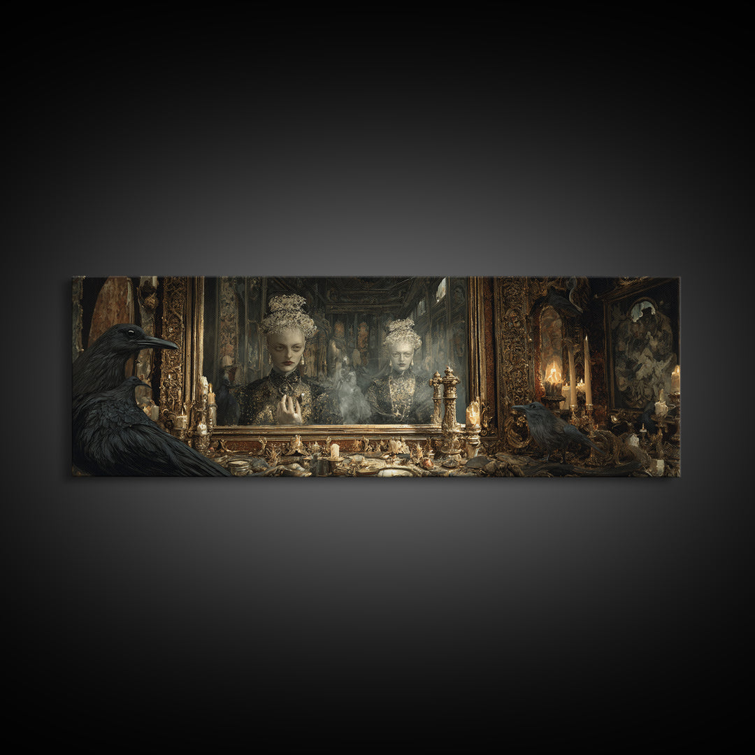 The Cursed Mirror, Ornate Symbolist Art, Extra Wide Wall Art, Macabre Wall Art, Framed Canvas Print, Halloween Wall Art