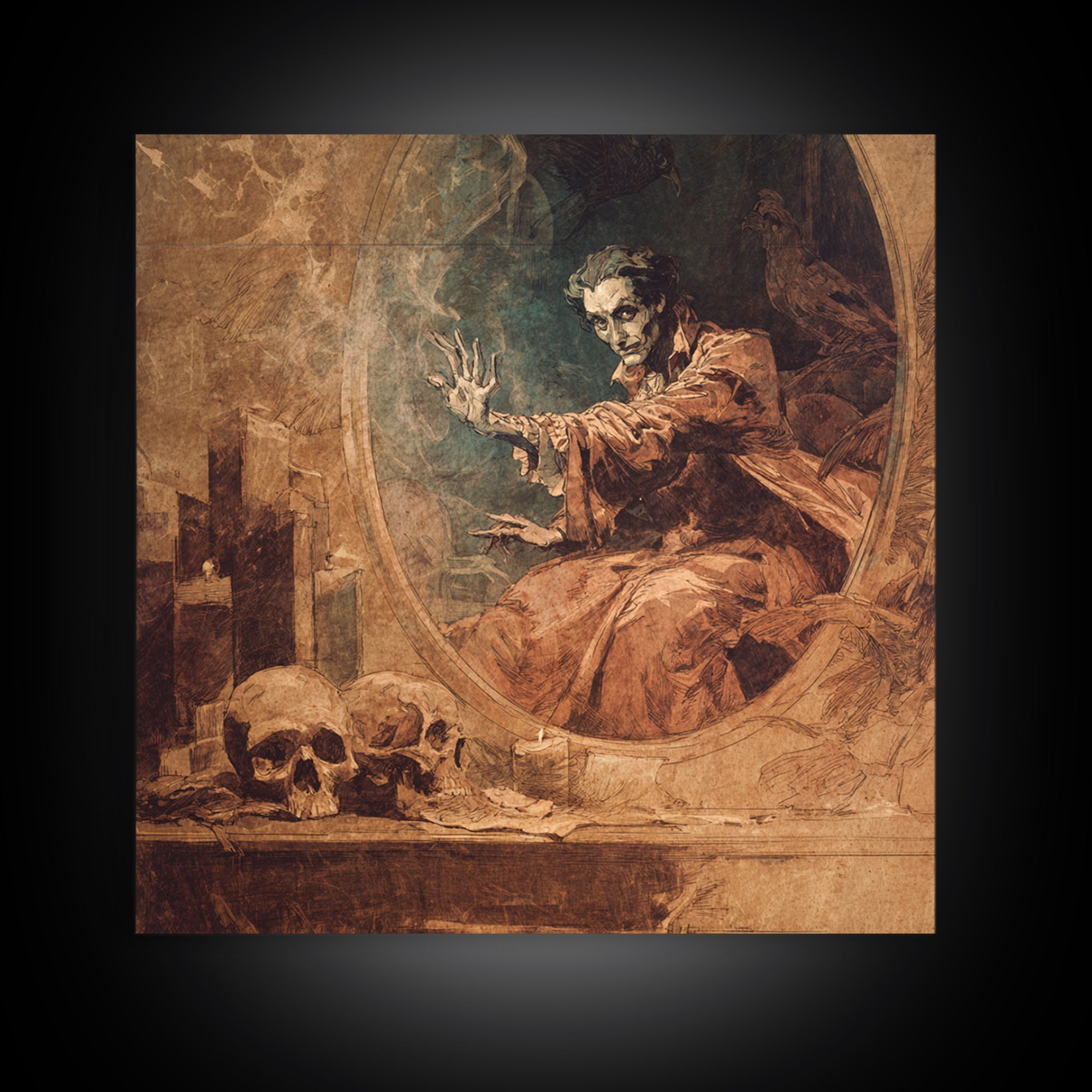 The Cursed Mirror, Decadent Gothic Art, Square Wall Art, Macabre Wall Art, Canvas Print, Halloween Wall Art, Halloween Decor