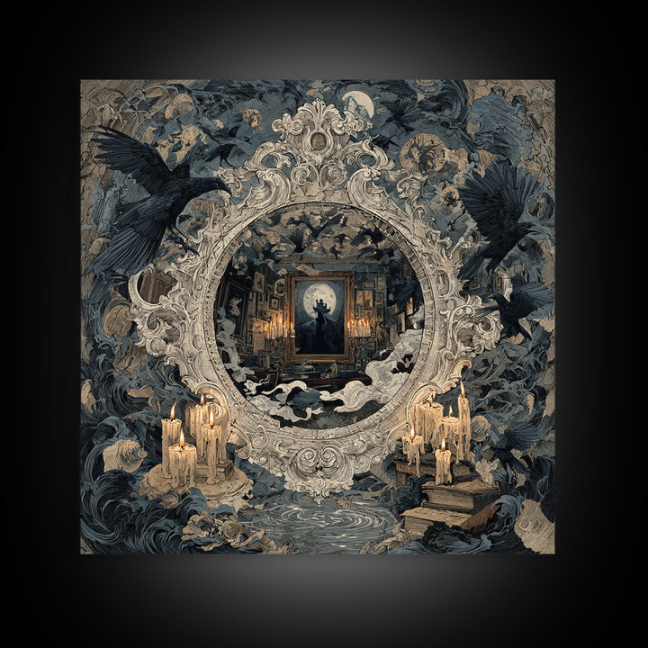 The Cursed Mirror, Symbolist Etching Art, Square Wall Art, Dark Fantasy Wall Art, Framed Canvas Print, Halloween Wall Art
