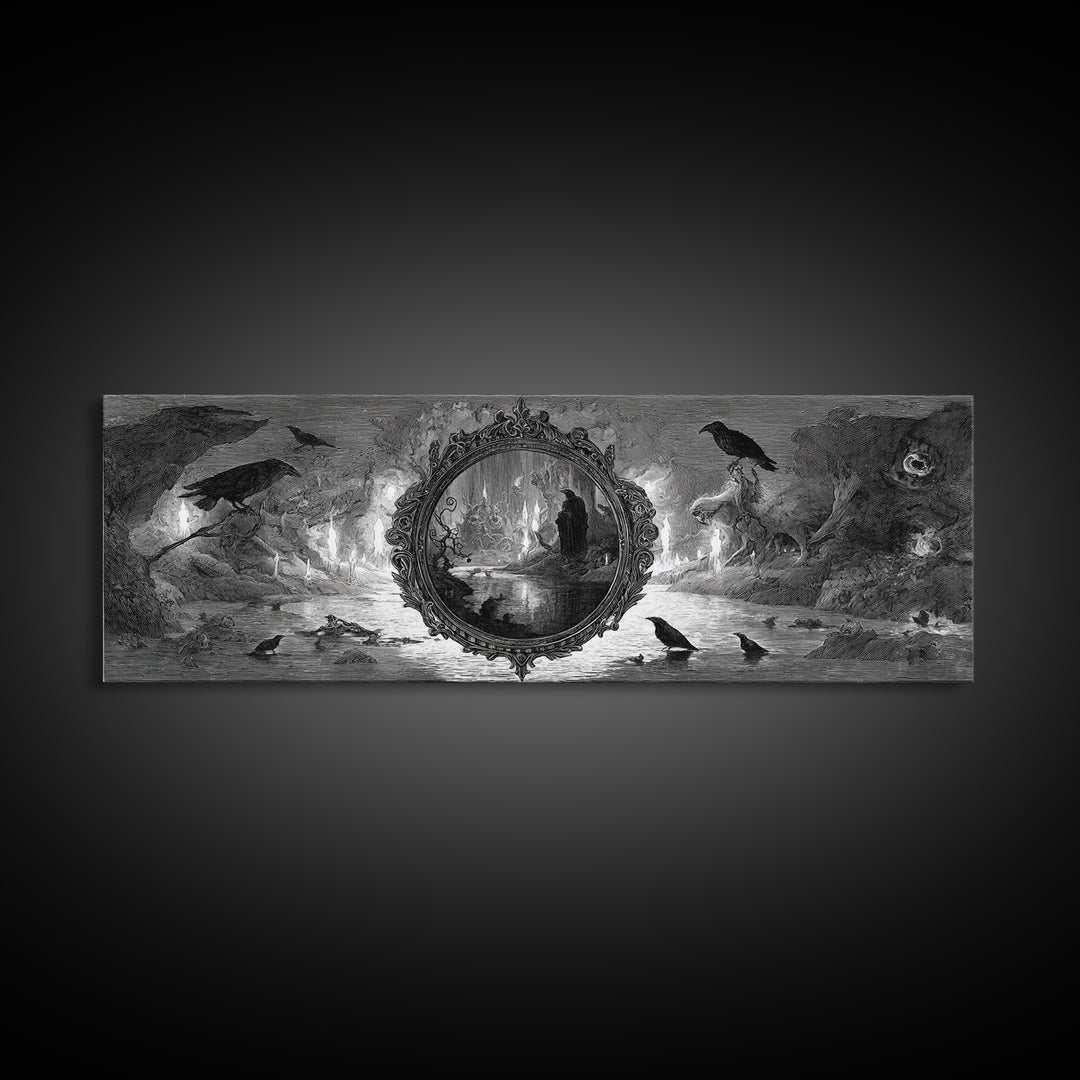 The Cursed Mirror, Expressionist Nightmare Art, Extra Wide Wall Art, Macabre Wall Art, Framed Canvas Print, Halloween Wall Art