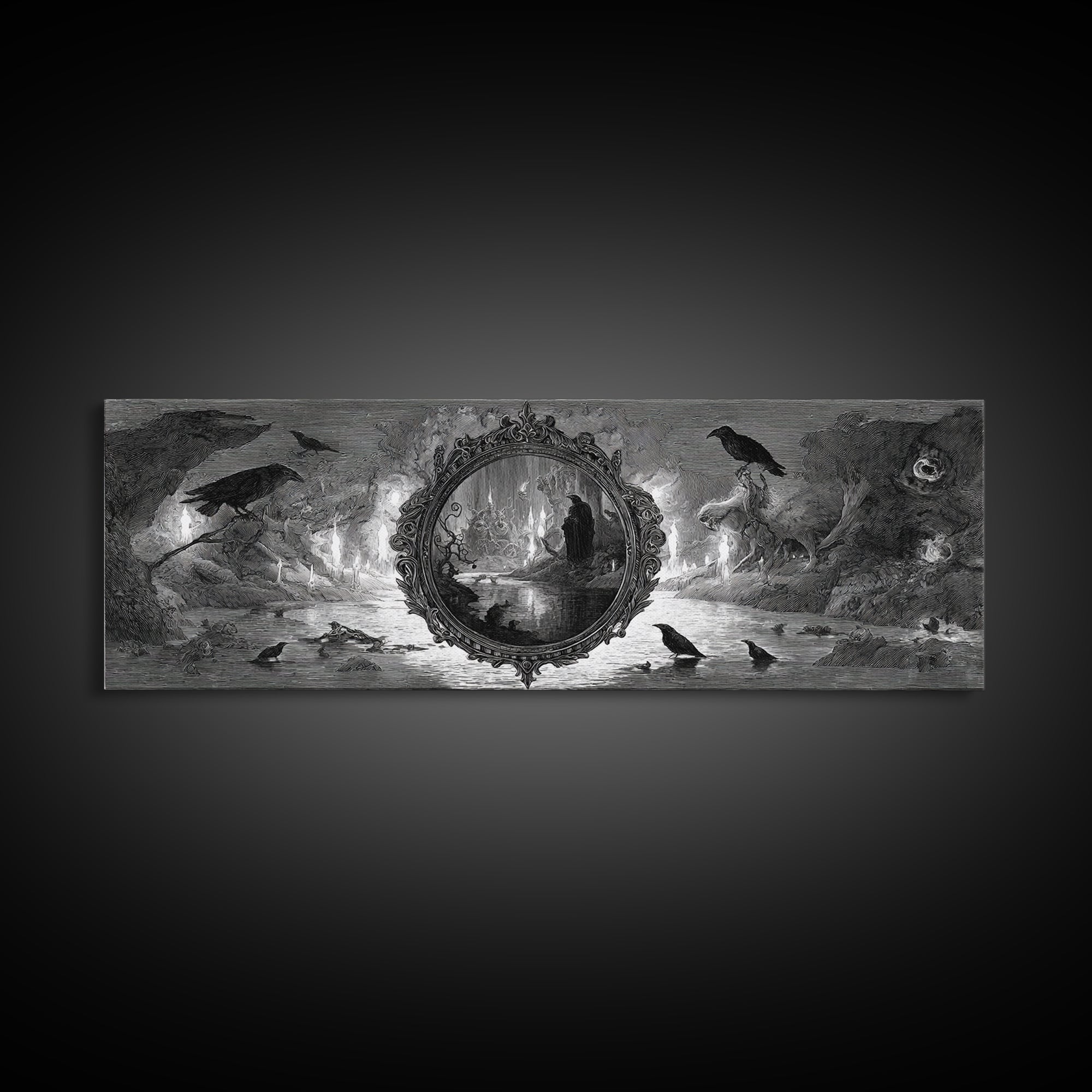 The Cursed Mirror, Expressionist Nightmare Art, Extra Wide Wall Art, Macabre Wall Art, Framed Canvas Print, Halloween Wall Art
