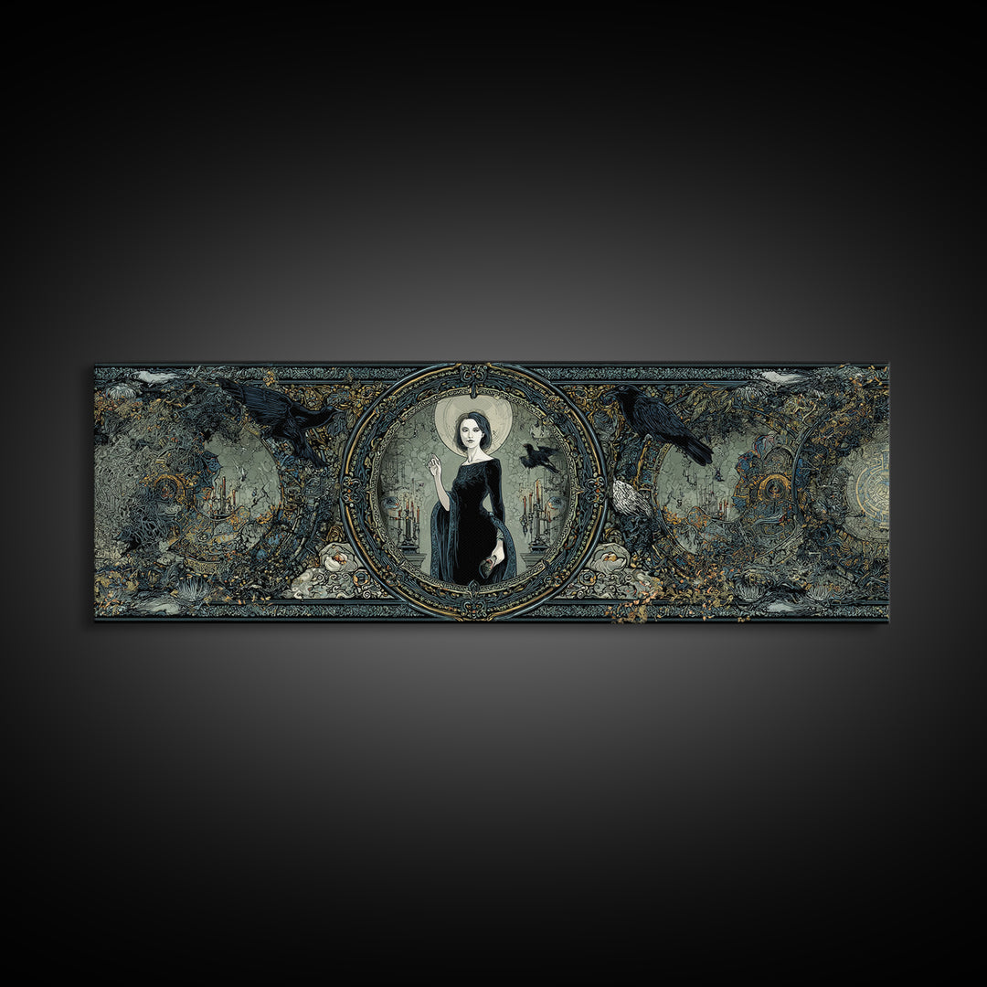 The Cursed Mirror, Stained Glass Gothic Art, Extra Wide Wall Art, Gothic Horror Wall Art, Canvas Print, Halloween Wall Art