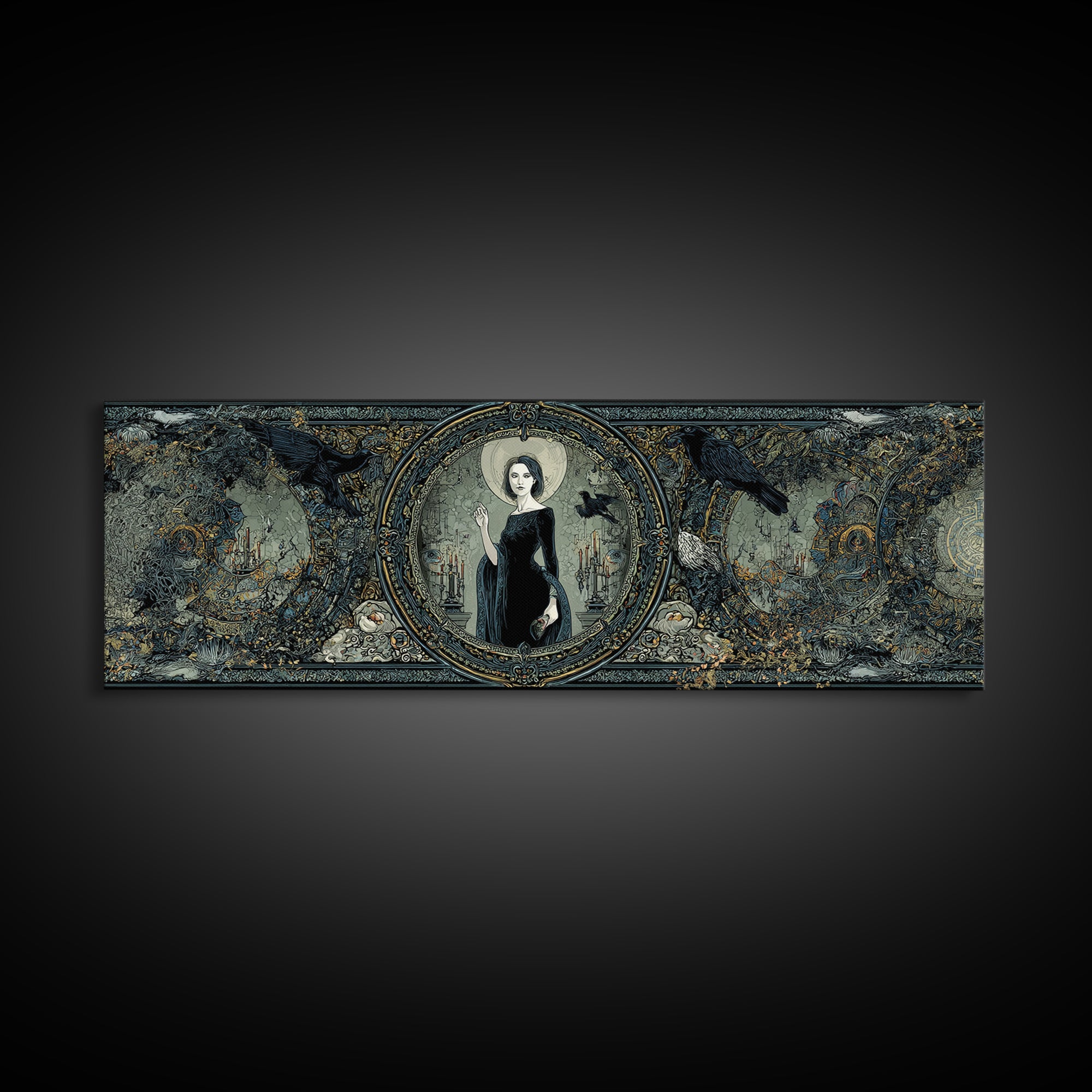 The Cursed Mirror, Stained Glass Gothic Art, Extra Wide Wall Art, Gothic Horror Wall Art, Canvas Print, Halloween Wall Art