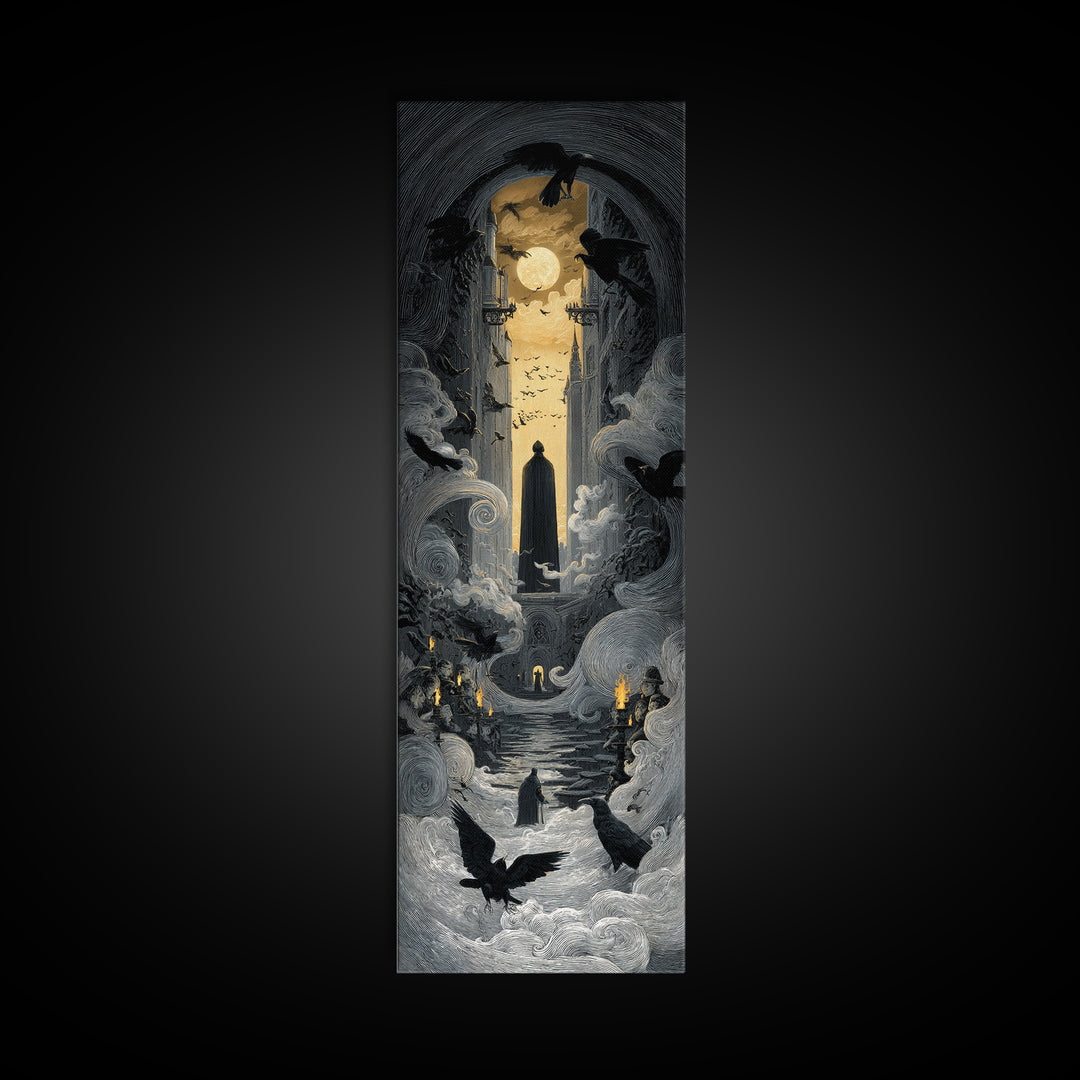 The Living Spellbook, Gothic Engraving Art, Tall Narrow Wall Art, Dark Fantasy Wall Art, Canvas Print, Halloween Wall Art