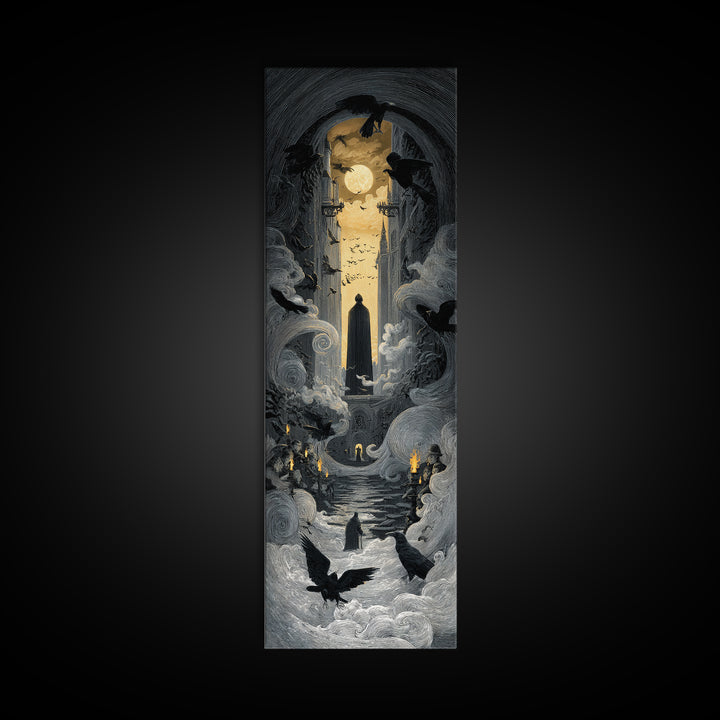 The Living Spellbook, Gothic Engraving Art, Tall Narrow Wall Art, Dark Fantasy Wall Art, Canvas Print, Halloween Wall Art