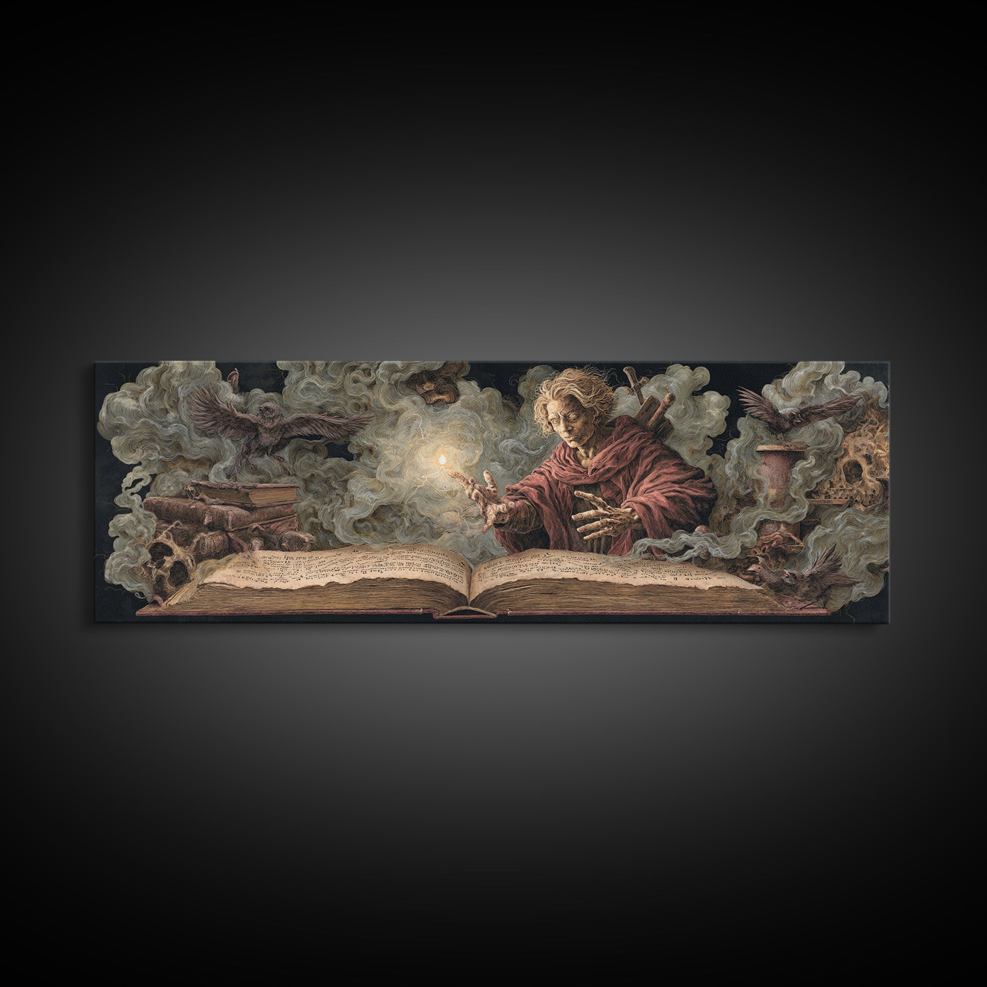 The Living Spellbook, Dark Renaissance Art, Extra Wide Wall Art, Dark Halloween Decor, Framed Canvas Print, Halloween Wall Art