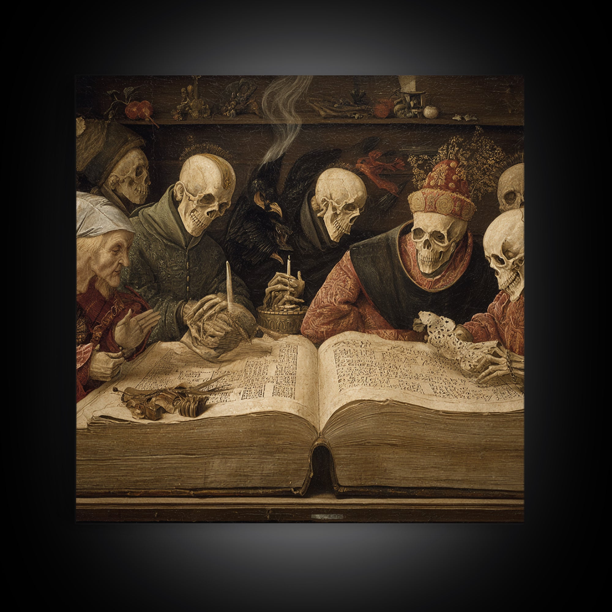 The Living Spellbook, Danse Macabre Art, Square Wall Art, Gothic Horror Wall Art, Framed Canvas Print, Halloween Decor