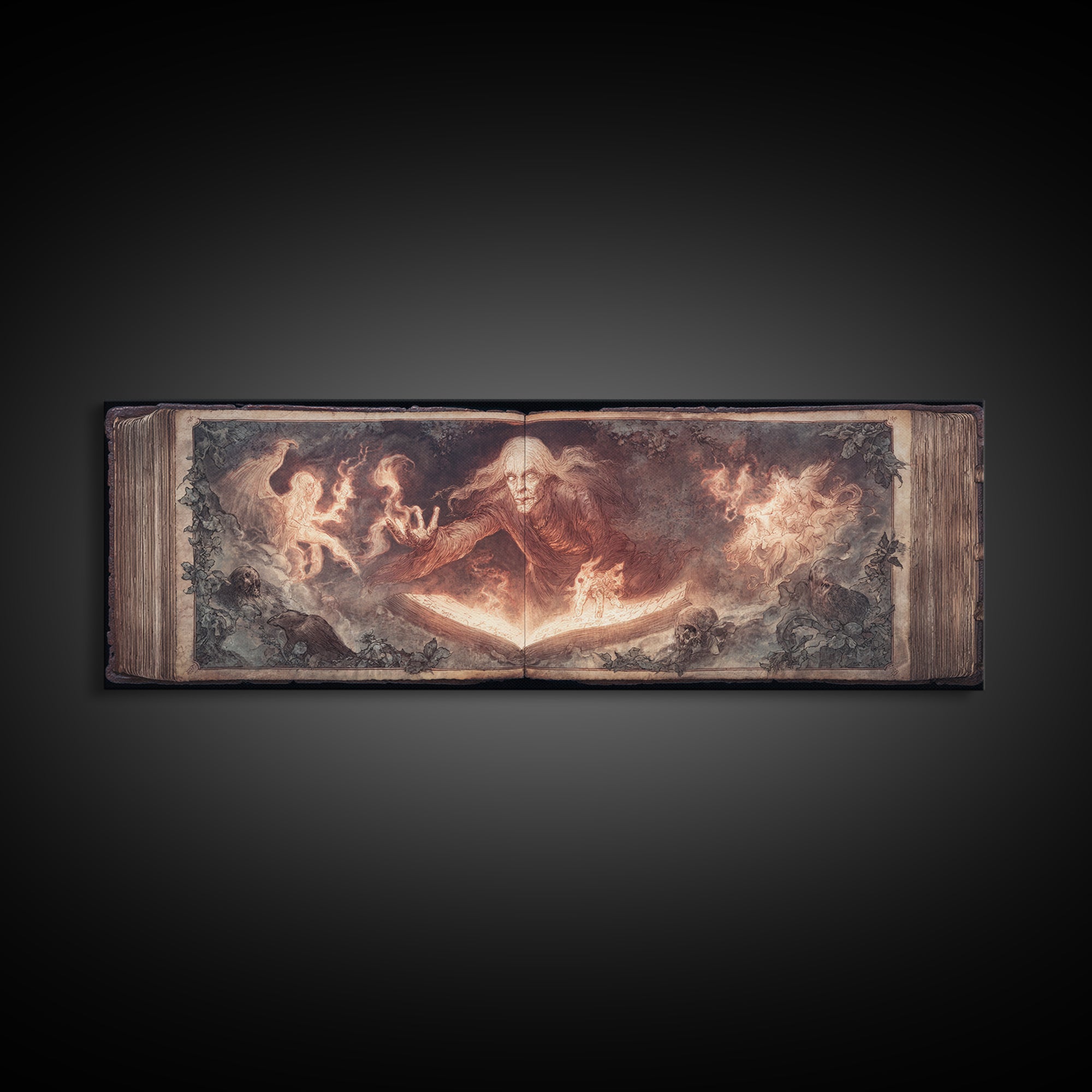 The Living Spellbook, Visionary Gothic Art, Extra Wide Wall Art, Macabre Wall Art, Canvas Print, Halloween Wall Art, Halloween Decor