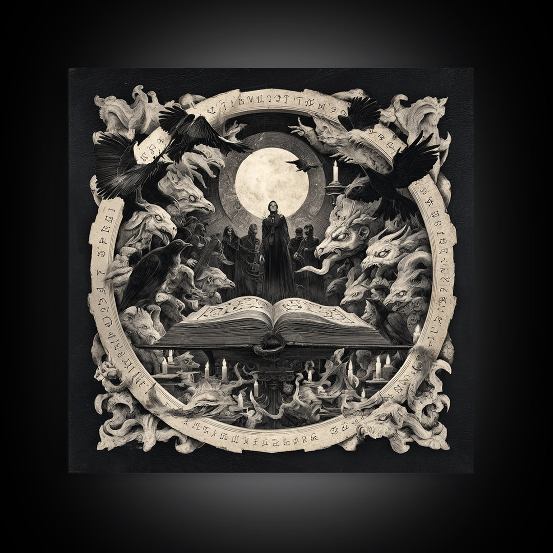 The Living Spellbook, Dark Symbolist Art, Square Wall Art, Dark Halloween Decor, Framed Canvas Print, Halloween Wall Art