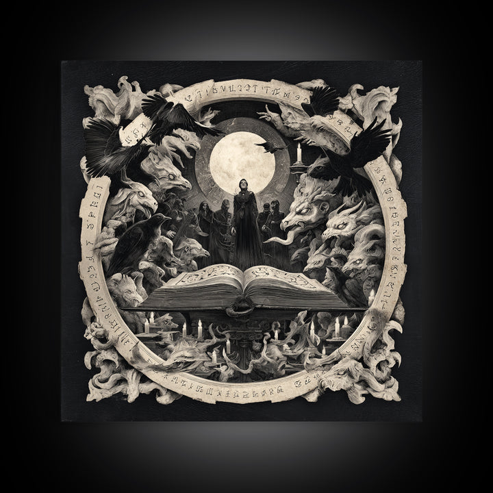 The Living Spellbook, Dark Symbolist Art, Square Wall Art, Dark Halloween Decor, Framed Canvas Print, Halloween Wall Art