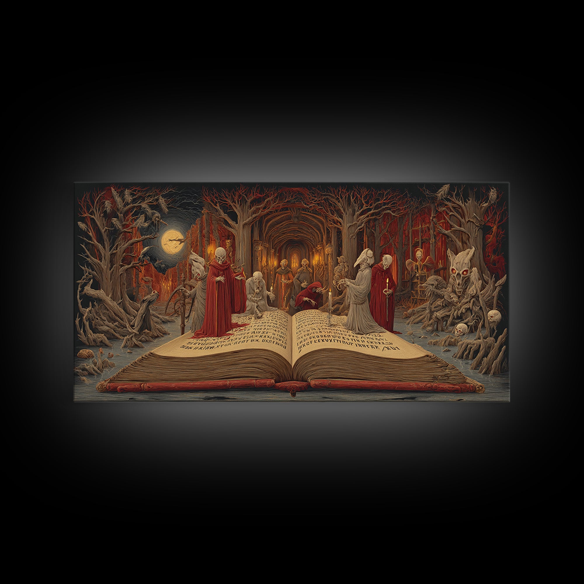 The Living Spellbook, Expressionist Nightmare Art, Wide Panoramic Art, Dark Fantasy Wall Art, Canvas Print, Halloween Wall Art