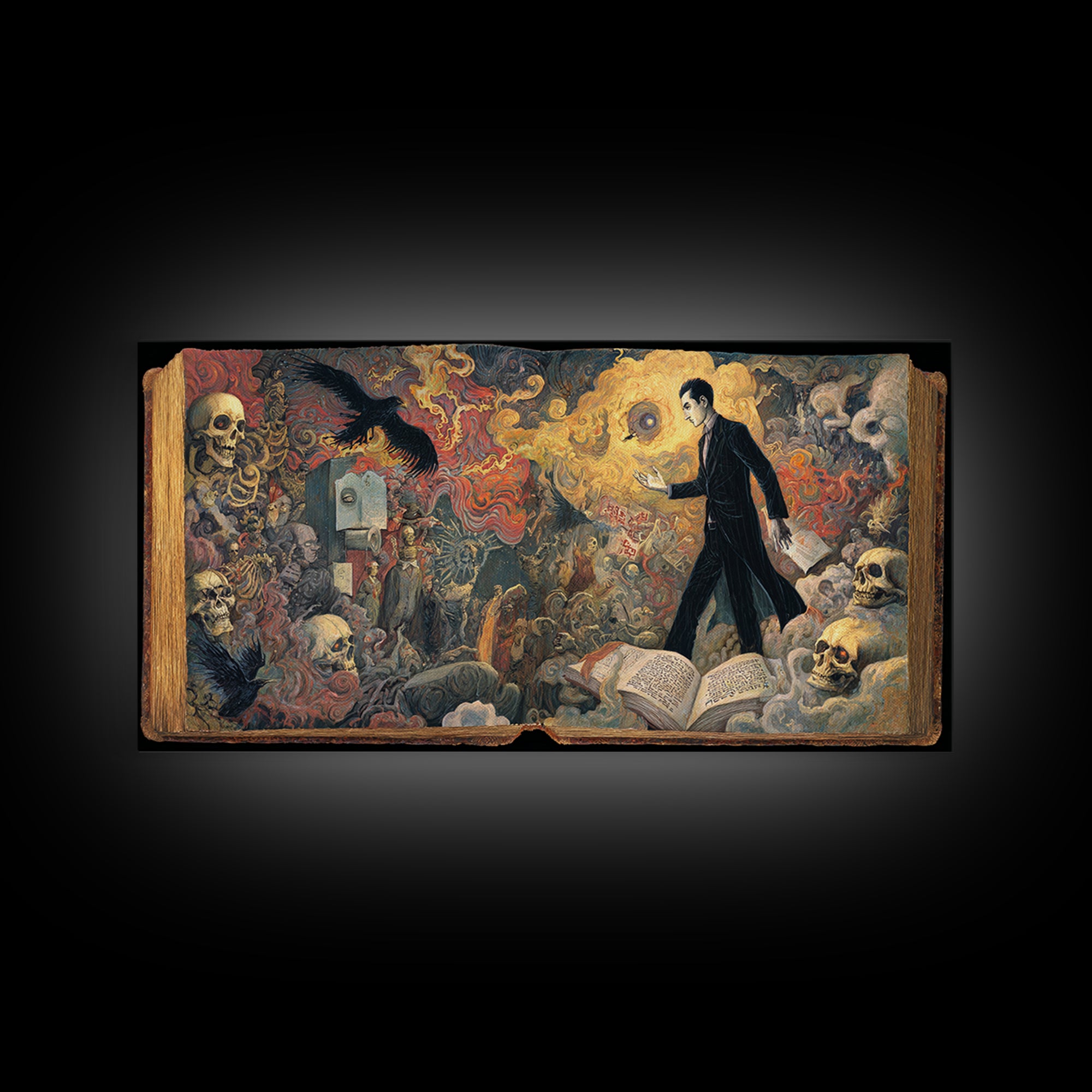 The Living Spellbook, Grotesque Carnival Art, Wide Panoramic Art, Dark Halloween Decor, Framed Canvas Print, Halloween Wall Art