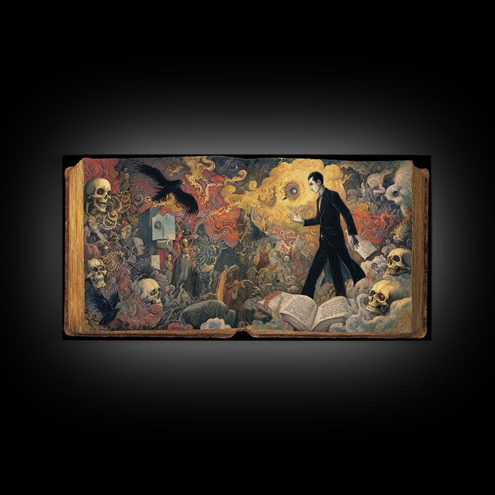 The Living Spellbook, Grotesque Carnival Art, Wide Panoramic Art, Dark Halloween Decor, Framed Canvas Print, Halloween Wall Art