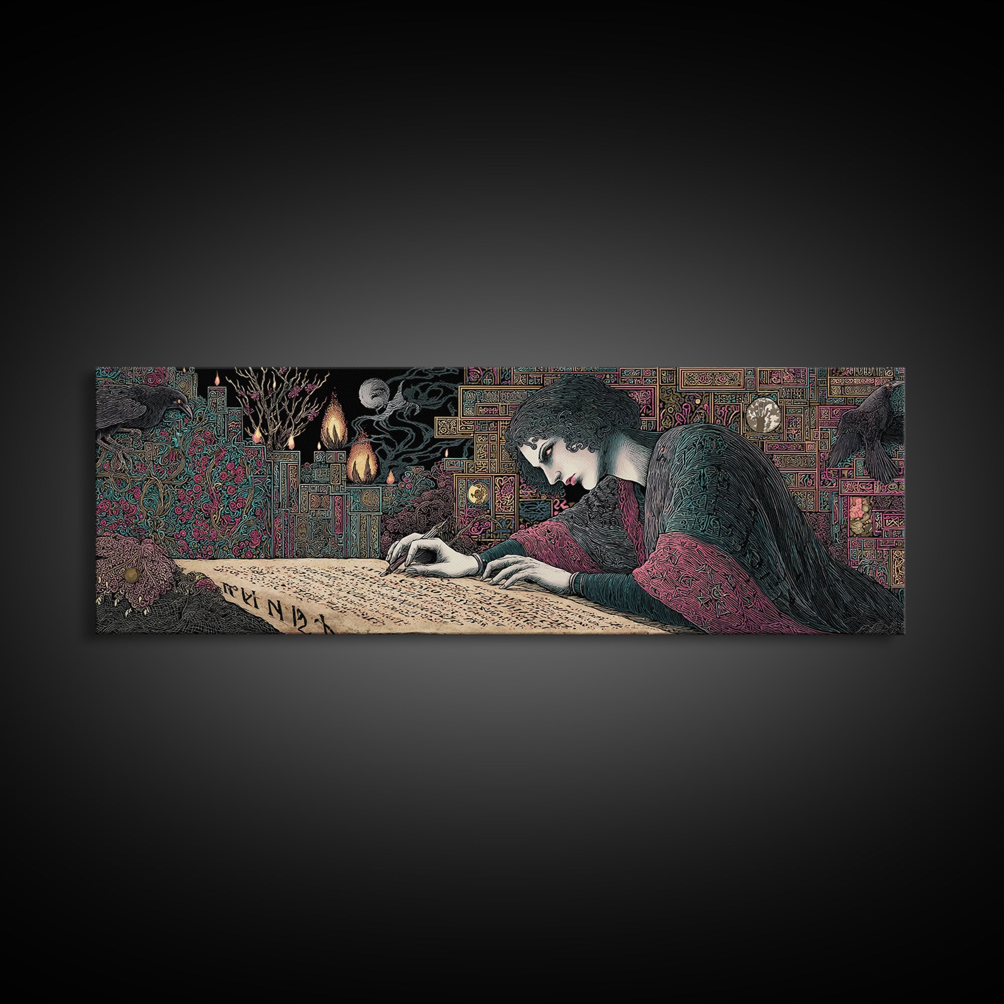 The Living Spellbook, Stained Glass Gothic Art, Extra Wide Wall Art, Dark Fantasy Wall Art, Framed Canvas Print, Halloween Wall Art