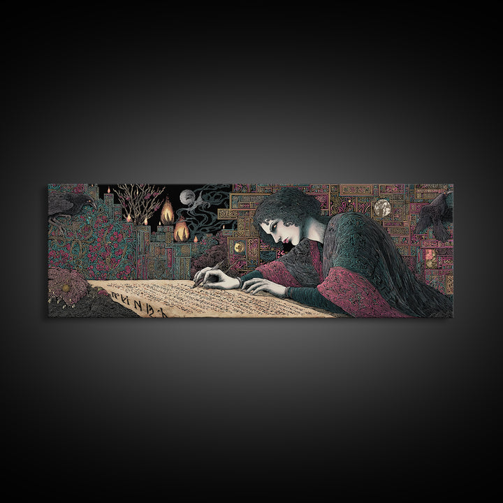 The Living Spellbook, Stained Glass Gothic Art, Extra Wide Wall Art, Dark Fantasy Wall Art, Framed Canvas Print, Halloween Wall Art