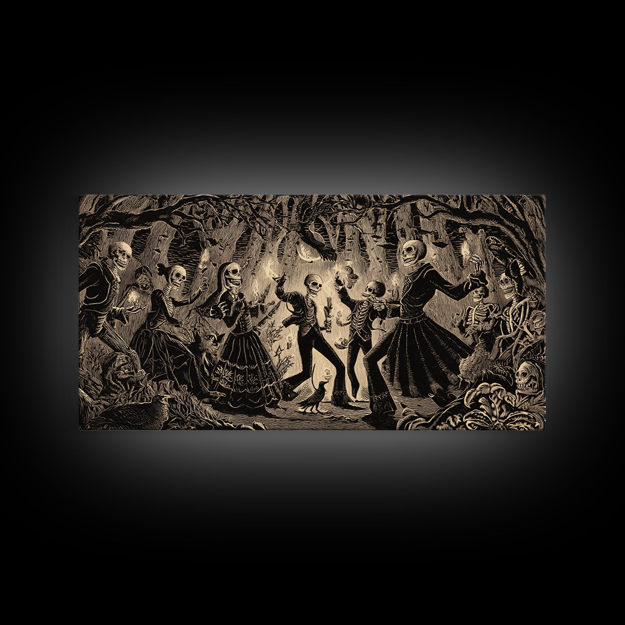 The Living Spellbook, Macabre Folk Print Art, Wide Panoramic Art, Dark Fantasy Wall Art, Framed Canvas Print, Halloween Wall Art