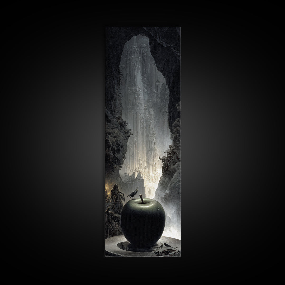 The Poisoned Apple, Gothic Engraving Art, Tall Narrow Wall Art, Dark Fantasy Wall Art, Framed Canvas Print, Halloween Wall Art