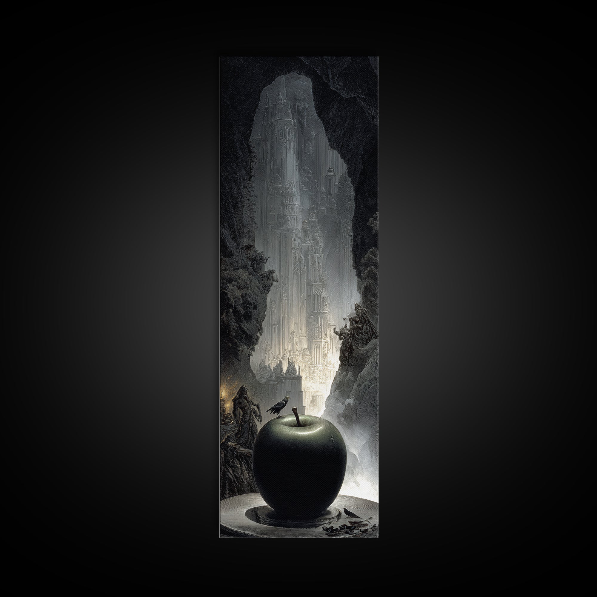 The Poisoned Apple, Gothic Engraving Art, Tall Narrow Wall Art, Dark Fantasy Wall Art, Framed Canvas Print, Halloween Wall Art