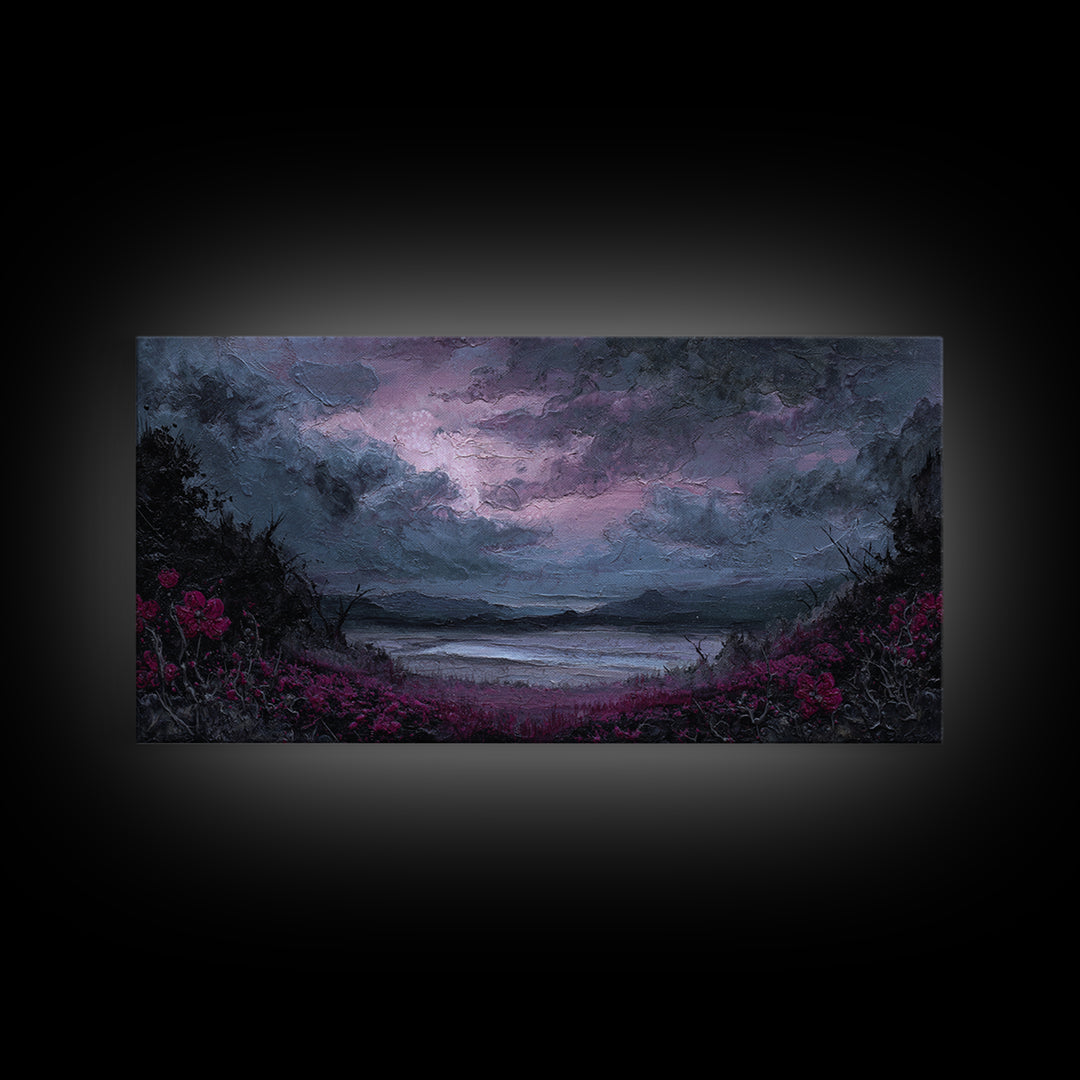 Storm Clouds over an Abandoned Field Framed Canvas Print, Dark Art, Contemporary Art, Living Room Decor, Fine Art, Nocturne, DAR-2x1-10