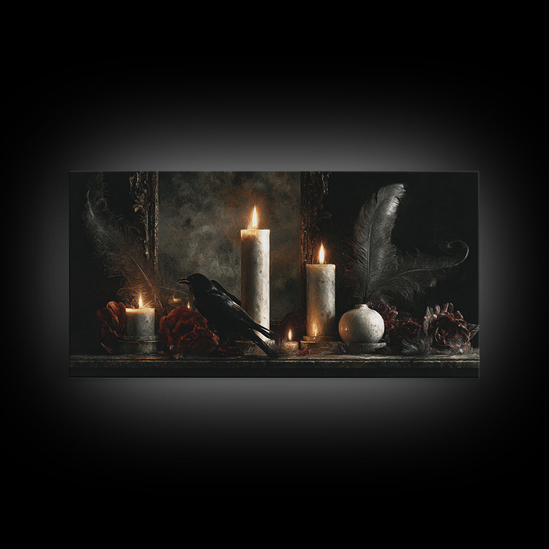 Candle Flame Reflecting Framed Canvas Print, Dark Art, Statement Artwork, Living Room Decor, Fine Art, Nocturne, Wall Decor, DAR-2x1-20