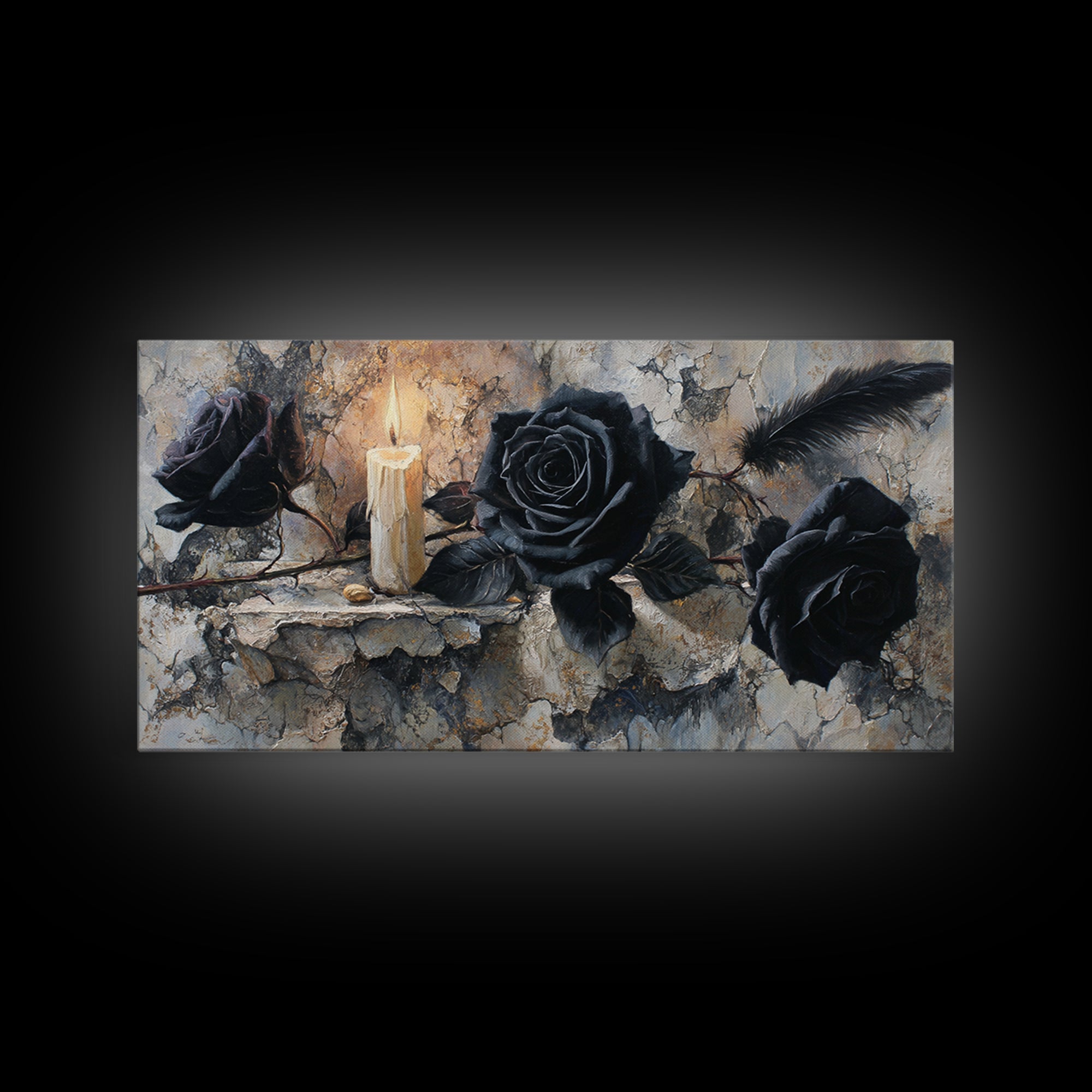 Black Roses Blooming from Cracked Stone Canvas Print, Dark Art, Textured Painting, Living Room Decor, Fine Art, Nocturne, DAR-2x1-22