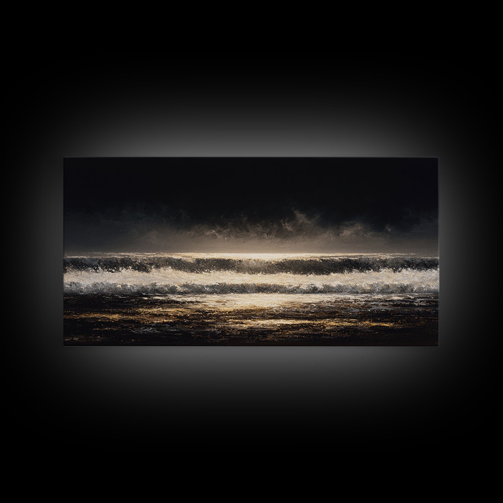 Stormy Sea under a Nearly Black Sky Framed Canvas Print, Dark Art, Digital Art, Living Room Decor, Fine Art, Nocturne, DAR-2x1-25