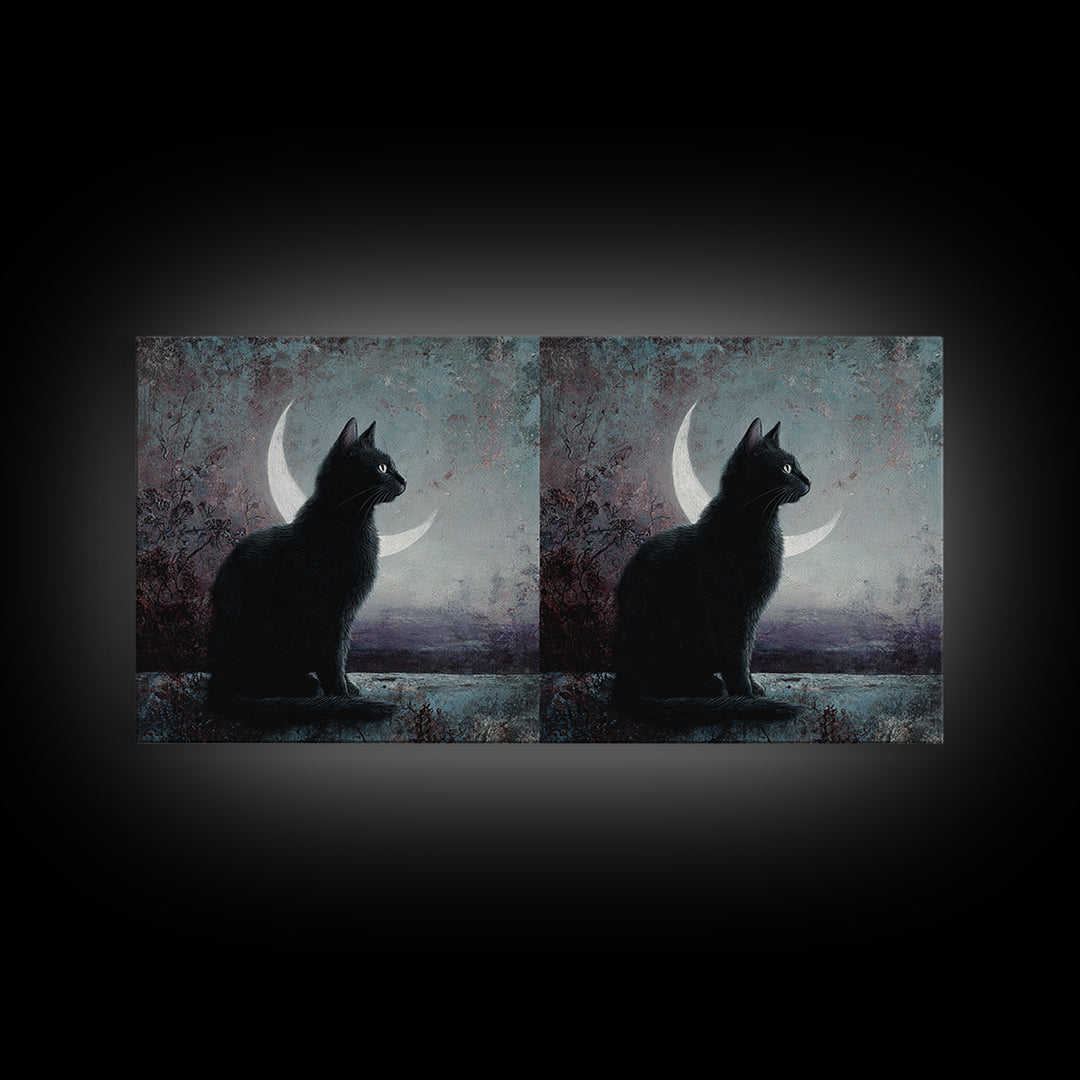 Black Cat with Glowing Eyes under Crescent Framed Canvas Print, Dark Art, Living Room Decor, Watercolor Art, Nocturne, DAR-2x1-29