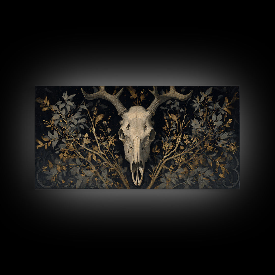 Shadowy Deer Skull Canvas Print, Dark Art, Oil Painting, Living Room Decor, Nocturne, Gothic Wall Decor, Man Cave Decor, DAR-2x1-31