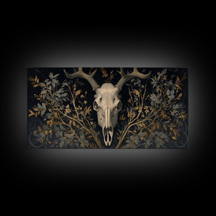 Shadowy Deer Skull Canvas Print, Dark Art, Oil Painting, Living Room Decor, Nocturne, Gothic Wall Decor, Man Cave Decor, DAR-2x1-31