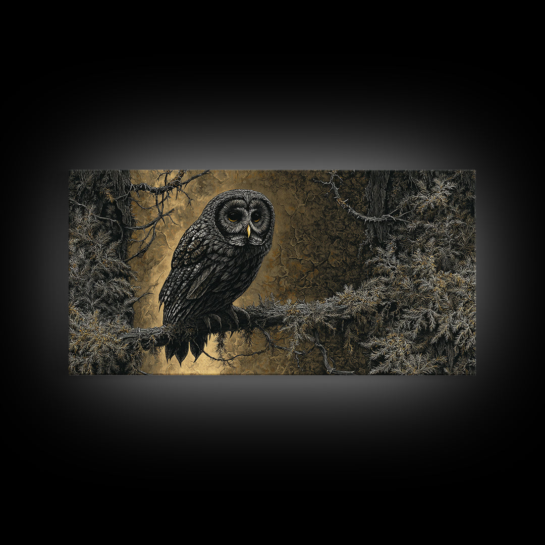 Owl in a Midnight Pine Forest Framed Canvas Print, Dark Art, Room Decor, Living Room Decor, Fine Art, Nocturne, Digital Art, DAR-2x1-42