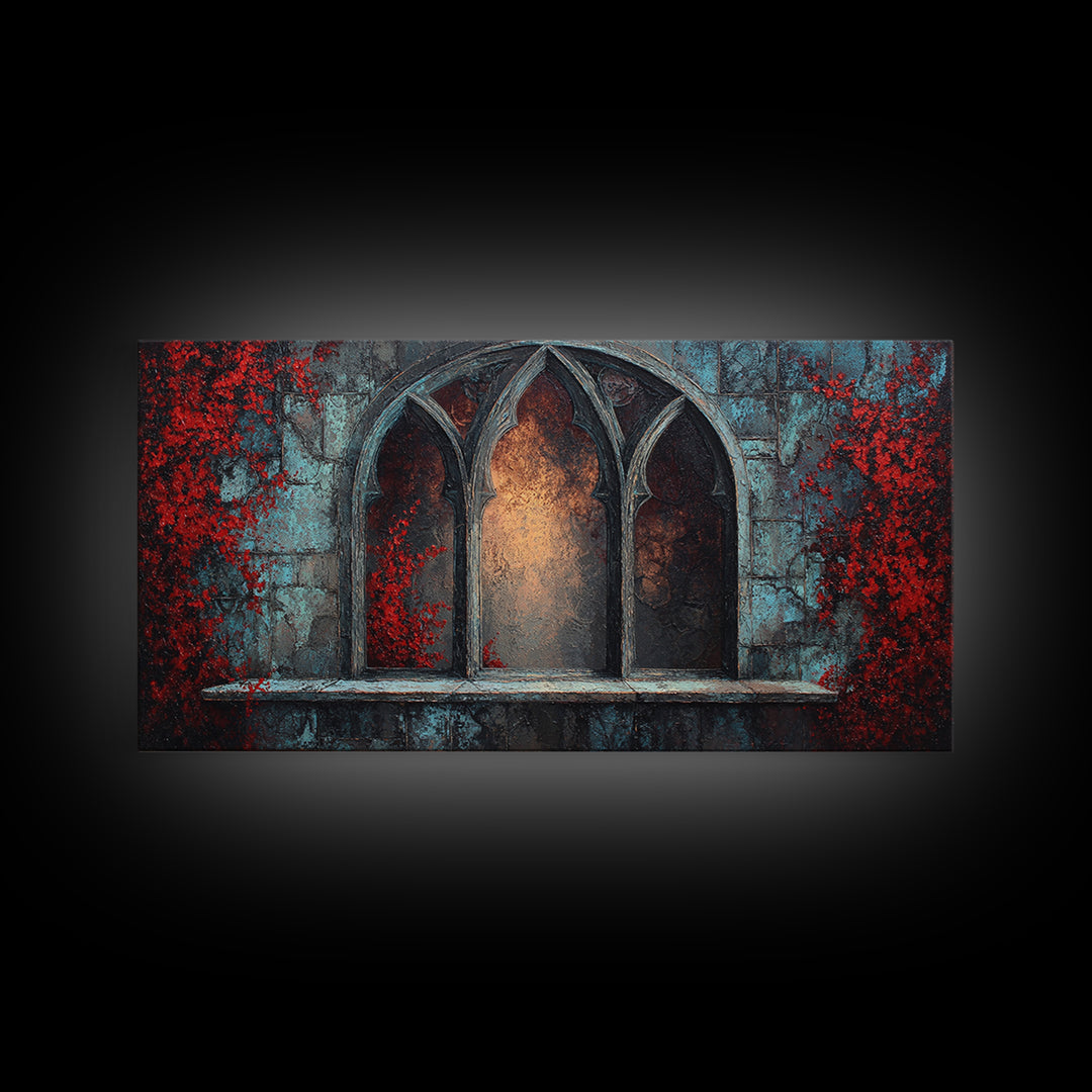 Gothic Cathedral Window Framed Canvas Print, Dark Art, Art Print, Living Room Decor, Oil Painting, Nocturne, Halloween Art, DAR-2x1-60