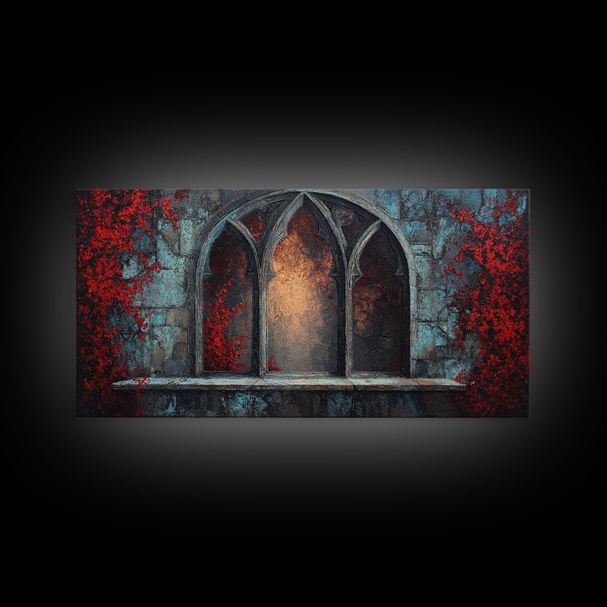 Gothic Cathedral Window Framed Canvas Print, Dark Art, Art Print, Living Room Decor, Oil Painting, Nocturne, Halloween Art, DAR-2x1-60