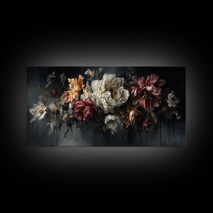 Dark Floral Bouquet Canvas Print, Dark Art, Oil Painting, Living Room Decor, Nocturne, Gothic Wall Decor, Man Cave Decor, DAR-2x1-61