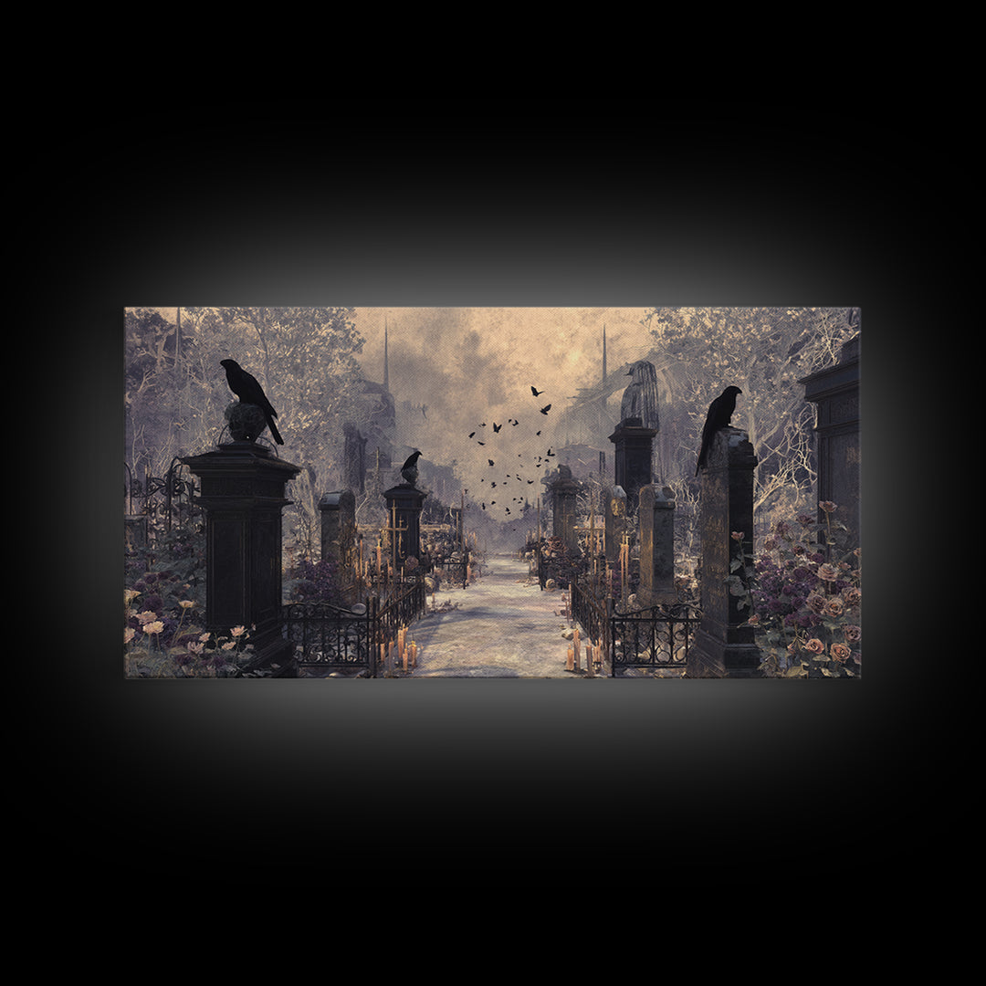 Silent Graveyard with Blue Moon Haze Canvas Print, Dark Art, Wall Art, Living Room Decor, Oil Painting, Nocturne, Original Art, DAR-2x1-62