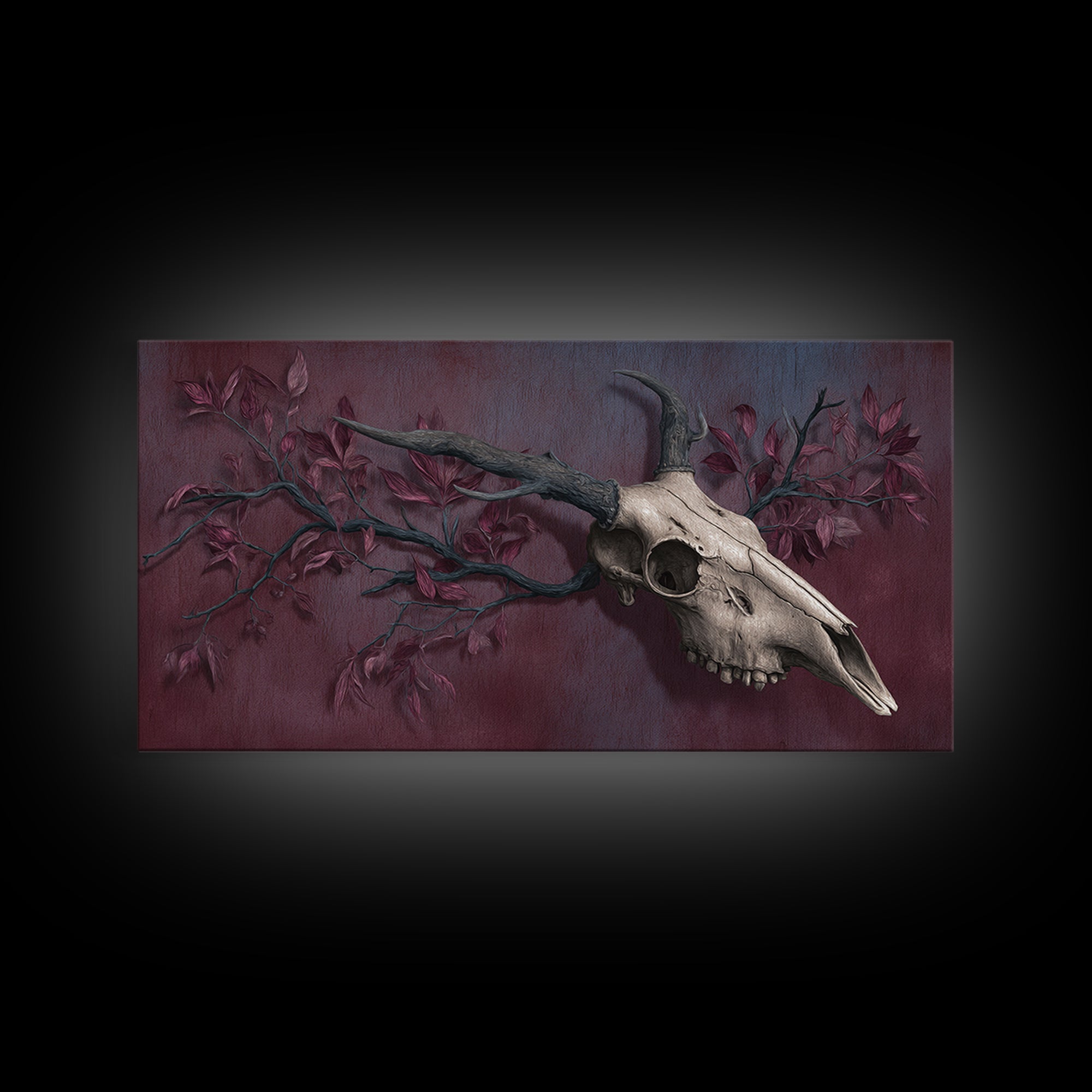 Shadowy Deer Skull Framed Canvas Print, Dark Art, Painting, Living Room Decor, Watercolor Art, Nocturne, Gothic Wall Art, DAR-2x1-7