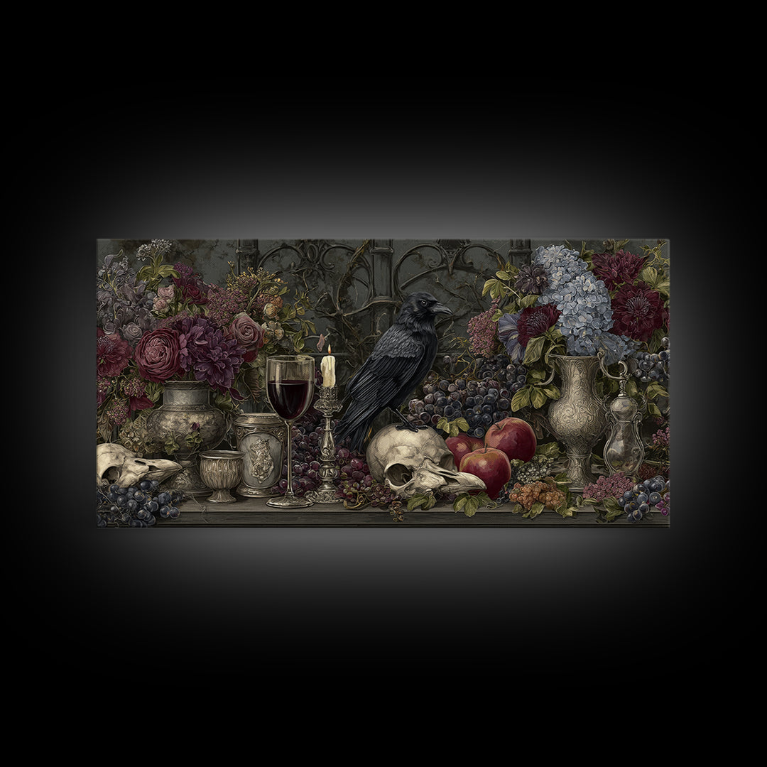 Witchy Still Life of Herbs Candles and Canvas Print, Dark Art, Watercolor Painting, Living Room Decor, Fine Art, Nocturne, DAR-2x1-76