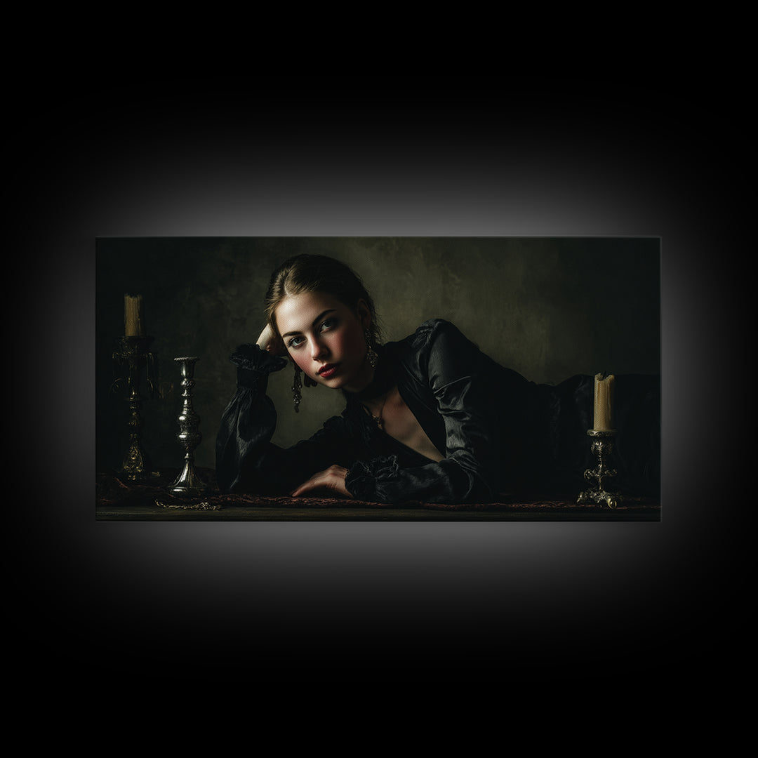 Vampire Inspired Portrait with Pale Dramatic Light Framed Canvas Print, Dark Art, Goth Decor, Living Room Decor, Nocturne, DAR-2x1-81