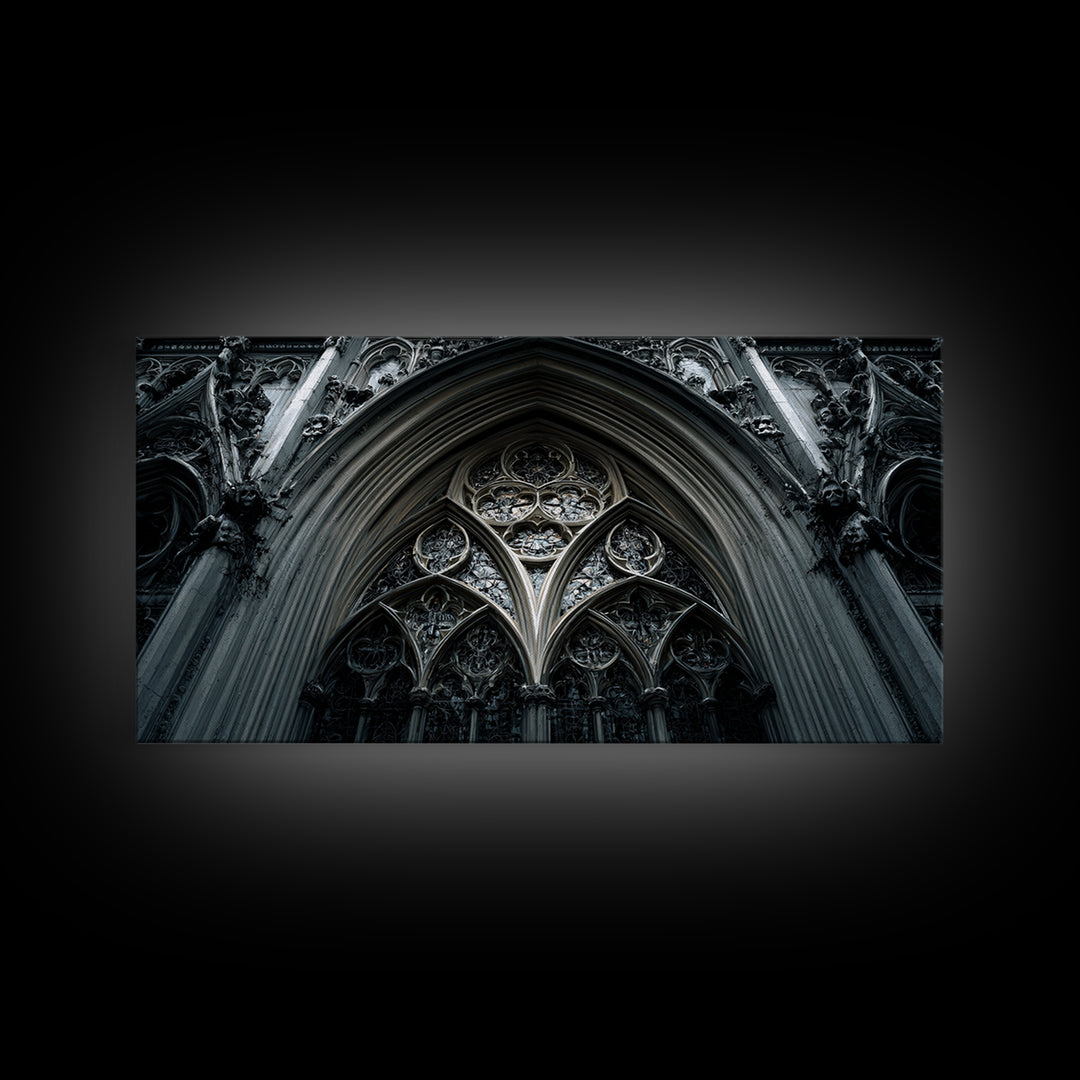 Gothic Cathedral Window Framed Canvas Print, Dark Art, Moody Wall Art, Living Room Decor, Fine Art, Nocturne, Gallery Decor, DAR-2x1-84