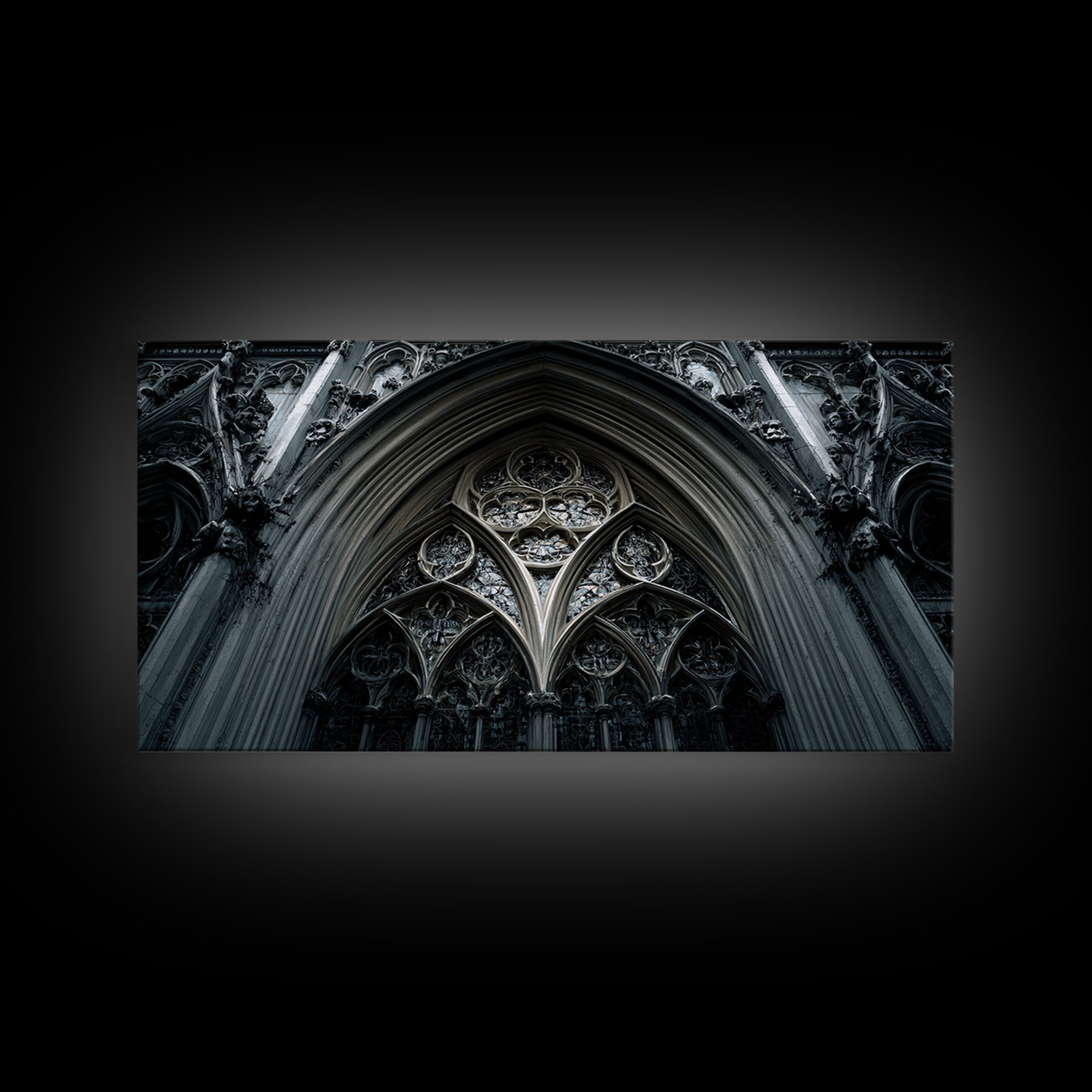 Gothic Cathedral Window Framed Canvas Print, Dark Art, Moody Wall Art, Living Room Decor, Fine Art, Nocturne, Gallery Decor, DAR-2x1-84