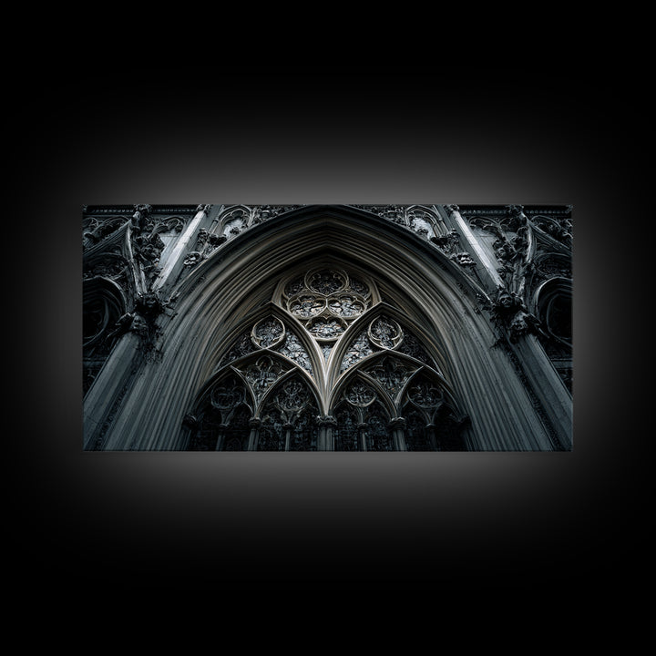 Gothic Cathedral Window Framed Canvas Print, Dark Art, Moody Wall Art, Living Room Decor, Fine Art, Nocturne, Gallery Decor, DAR-2x1-84
