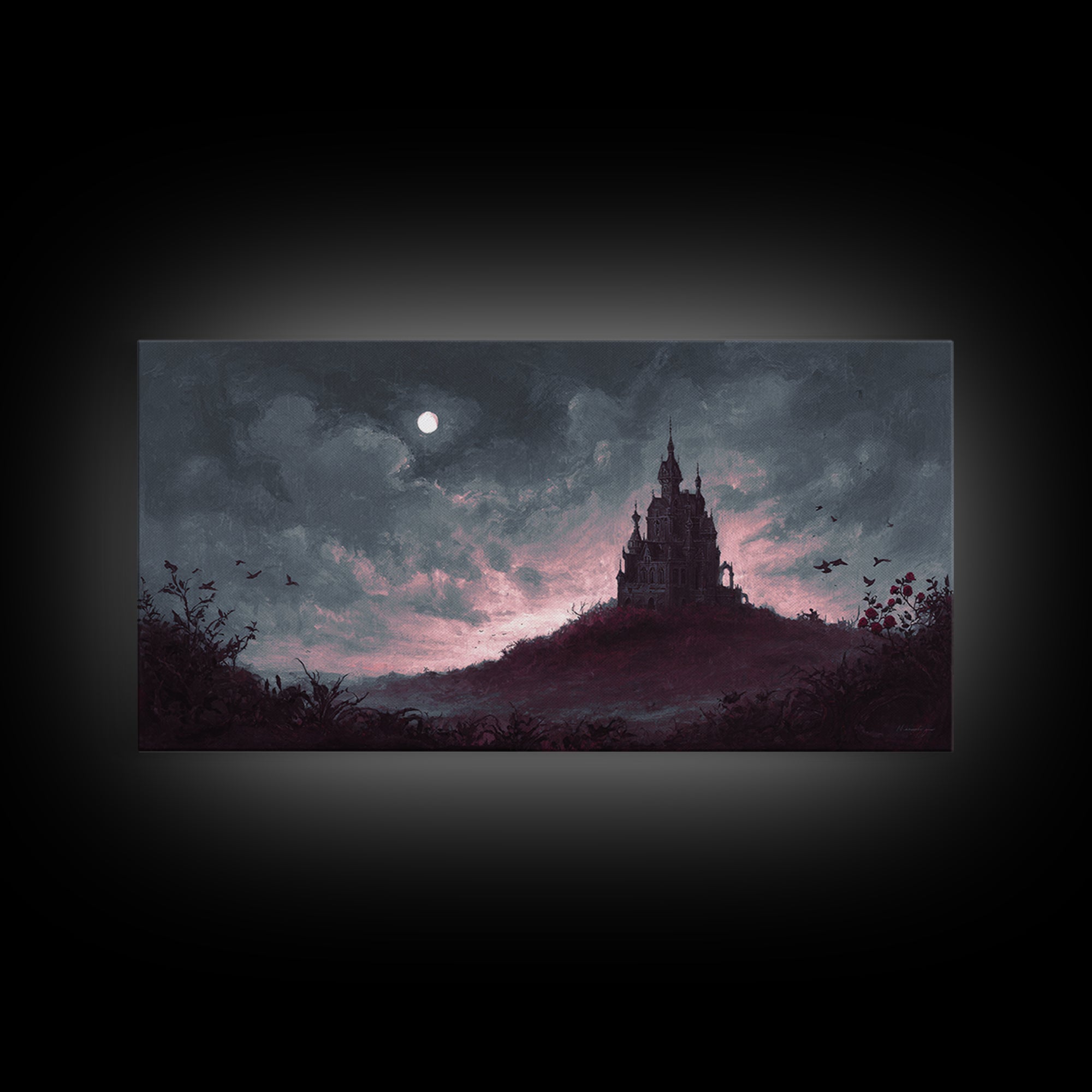 Haunted Mansion Silhouette on Distant Hill Canvas Print, Dark Art, Living Room Decor, Watercolor Art, Nocturne, DAR-2x1-98