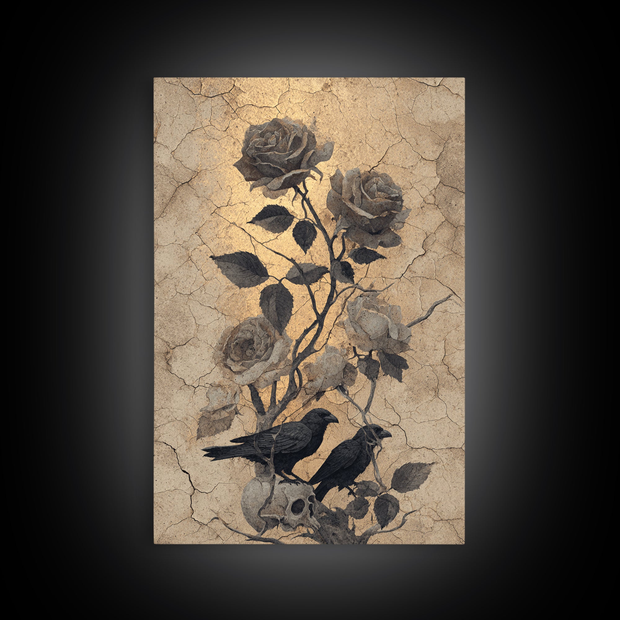 Black Roses Blooming from Cracked Stone Framed Canvas Print, Dark Art, Painting, Living Room Decor, Fine Art, Nocturne, DAR-2x3-34