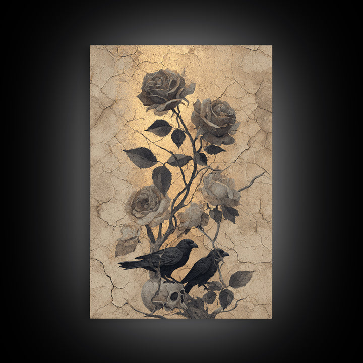 Black Roses Blooming from Cracked Stone Framed Canvas Print, Dark Art, Painting, Living Room Decor, Fine Art, Nocturne, DAR-2x3-34