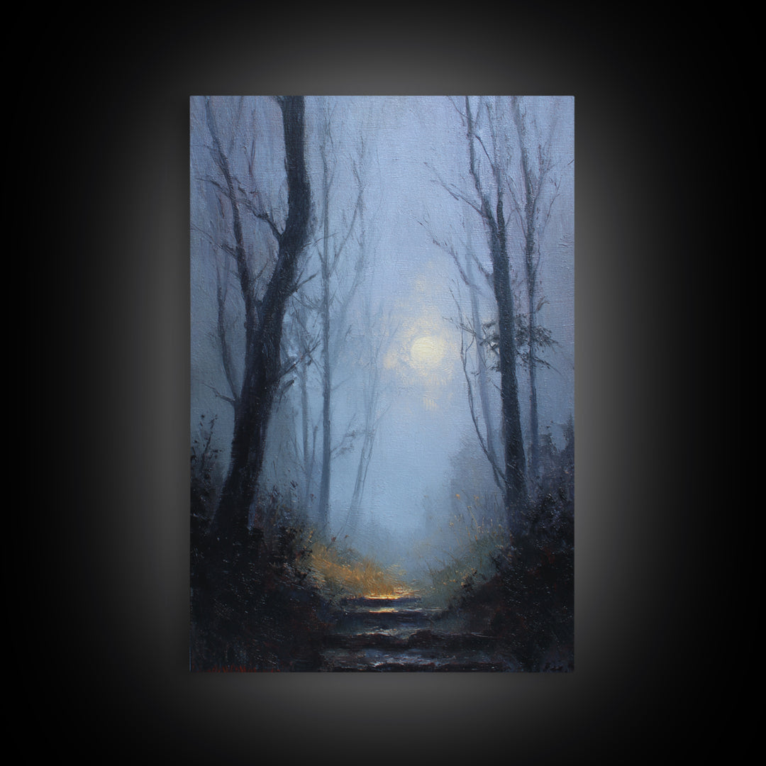 Moonlit Forest Path Canvas Print, Dark Art, Original Painting, Living Room Decor, Fine Art, Nocturne, Gothic Art, Horror Decor, DAR-2x3-35