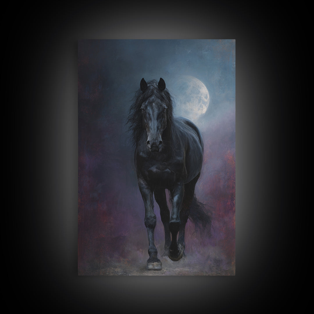 Black Horse Emerging from Smoke Framed Canvas Print, Dark Art, Living Room Decor, Oil Painting, Nocturne, Halloween Art, DAR-2x3-51