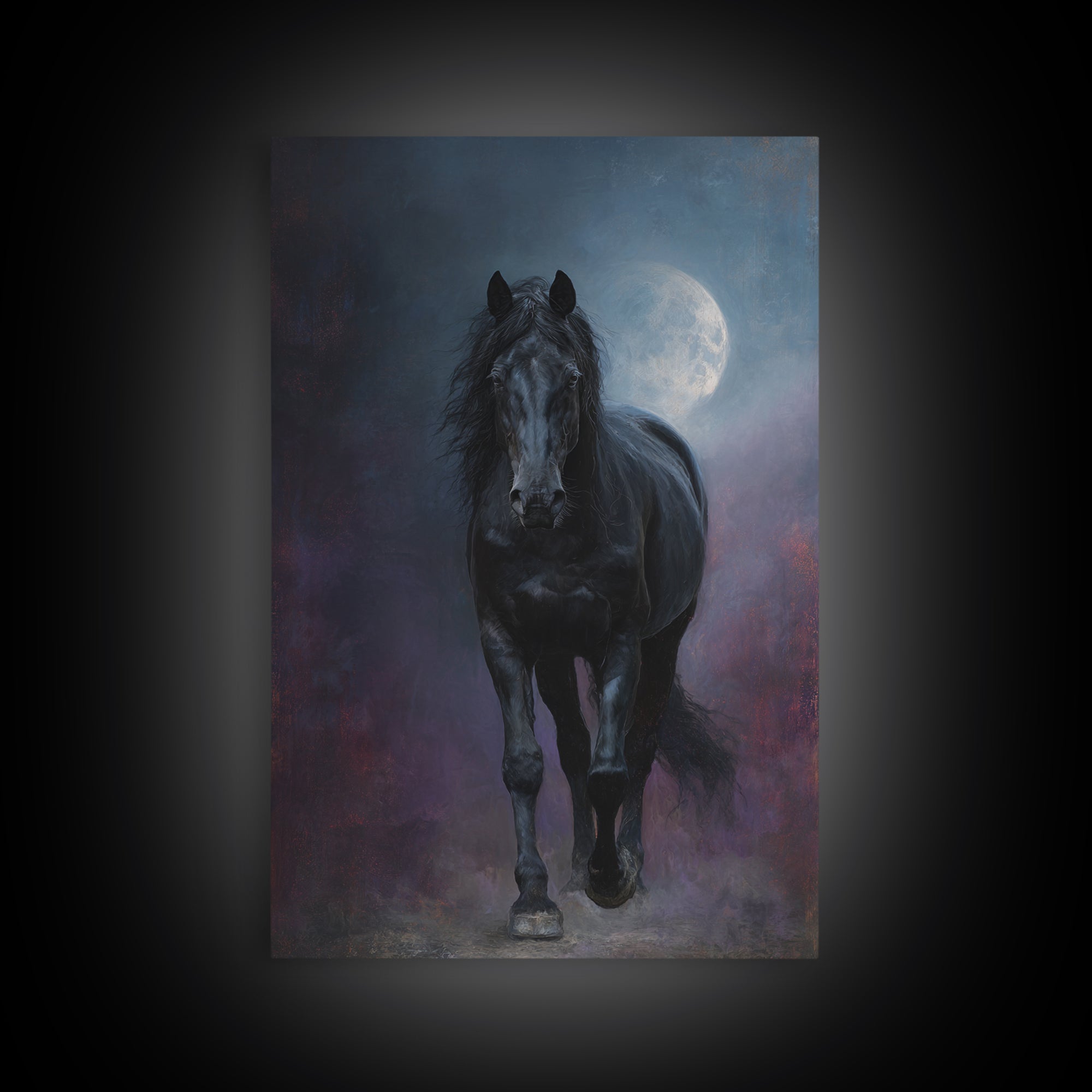 Black Horse Emerging from Smoke Framed Canvas Print, Dark Art, Living Room Decor, Oil Painting, Nocturne, Halloween Art, DAR-2x3-51
