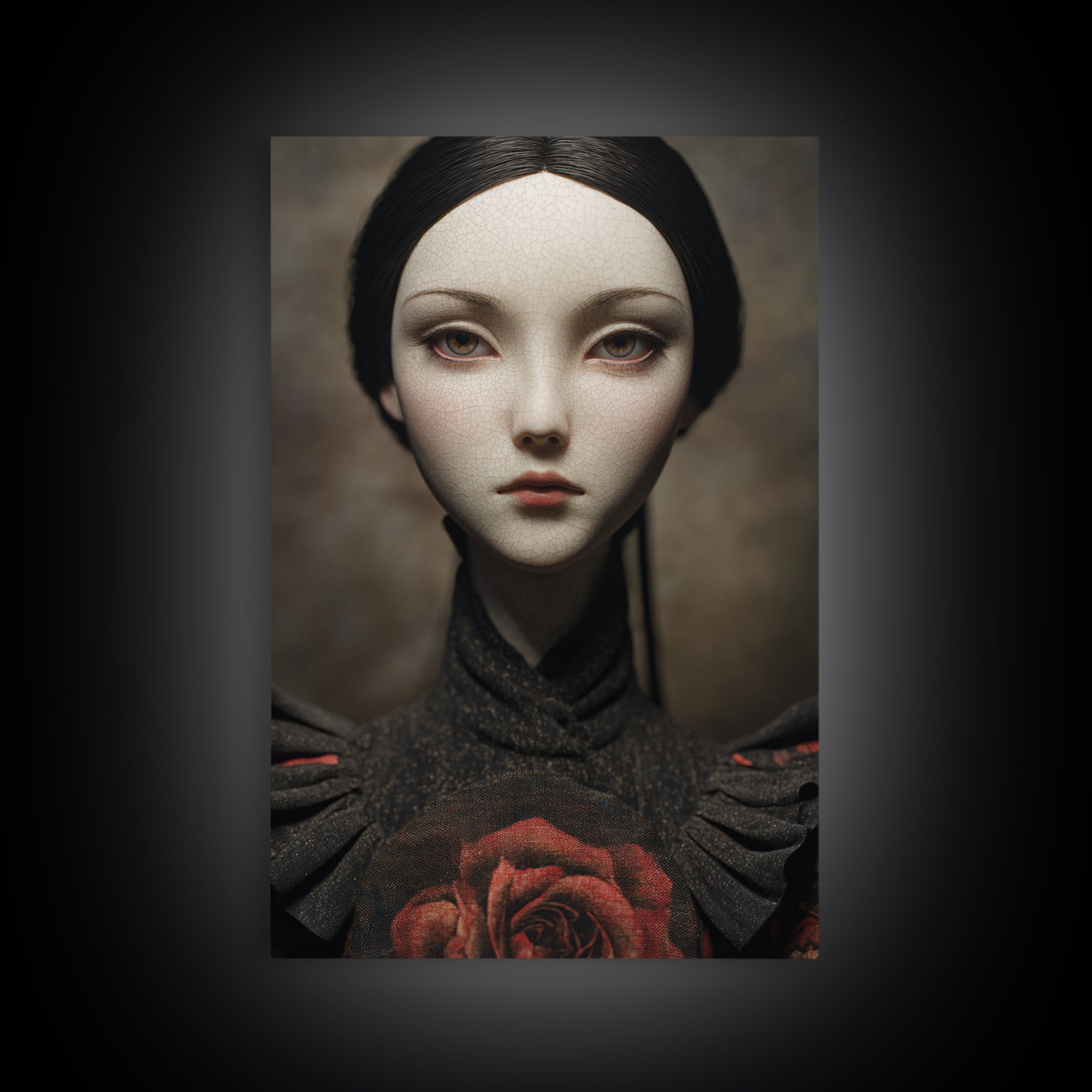 Cracked Porcelain Doll Portrait Framed Canvas Print, Dark Art, Digital Art, Living Room Decor, Nocturne, Unique Wall Decor, DAR-2x3-55