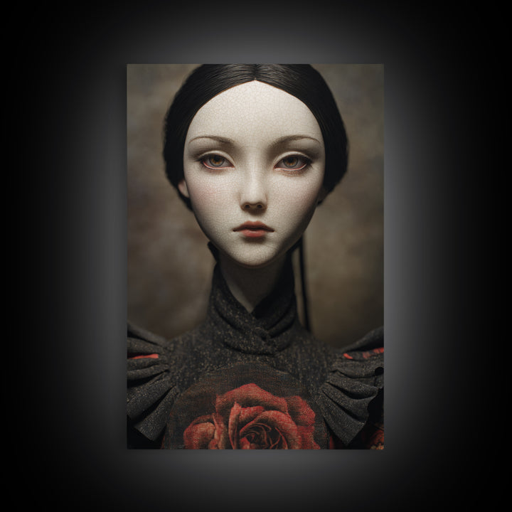 Cracked Porcelain Doll Portrait Framed Canvas Print, Dark Art, Digital Art, Living Room Decor, Nocturne, Unique Wall Decor, DAR-2x3-55