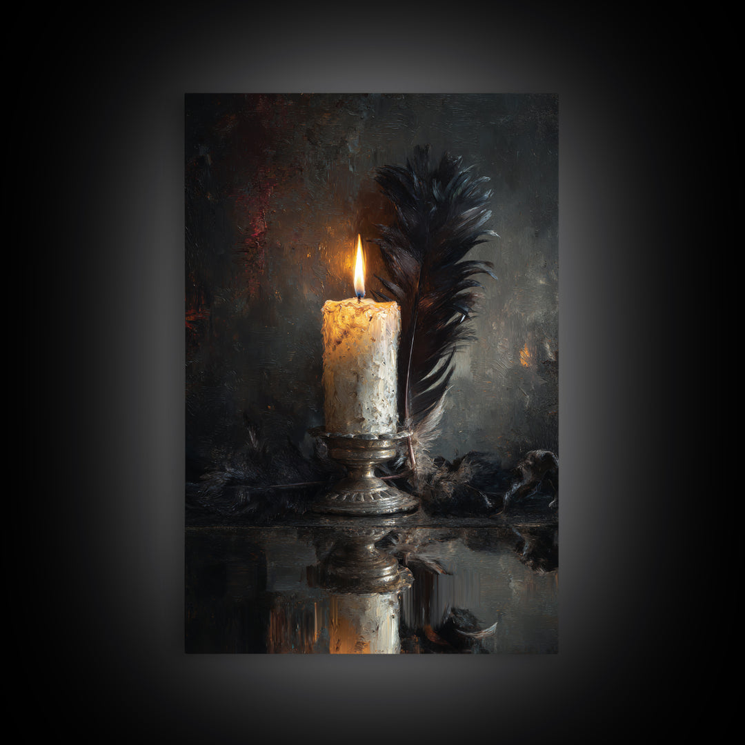 Candle Flame Reflecting Framed Canvas Print, Dark Art, Living Room Decor, Abstract Art, Nocturne, Dark Academia, DAR-2x3-56