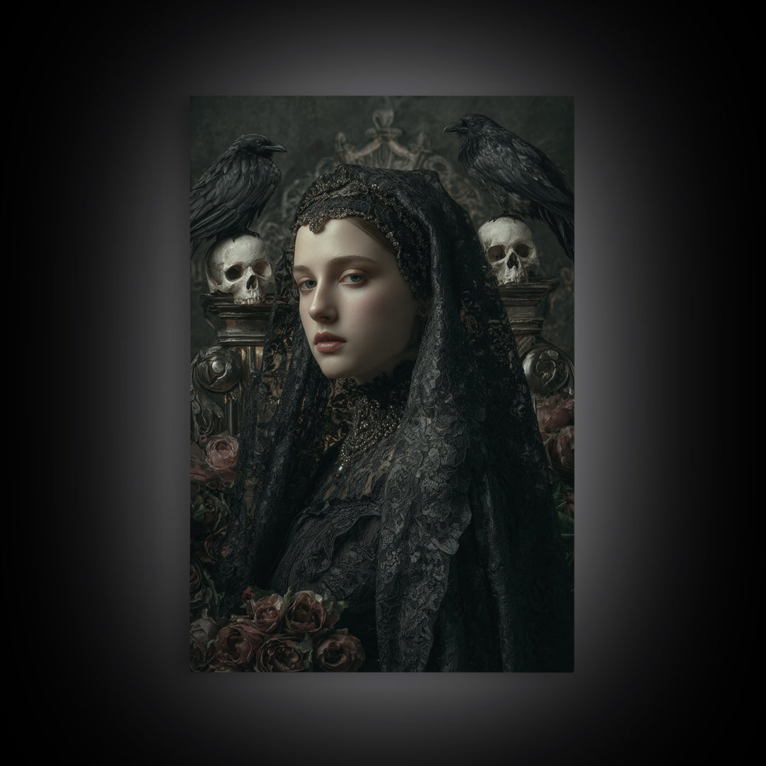 Gothic Woman Portrait Framed Canvas Print, Dark Art, Dark Academia, Living Room Decor, Oil Painting, Nocturne, Horror Decor, DAR-2x3-60